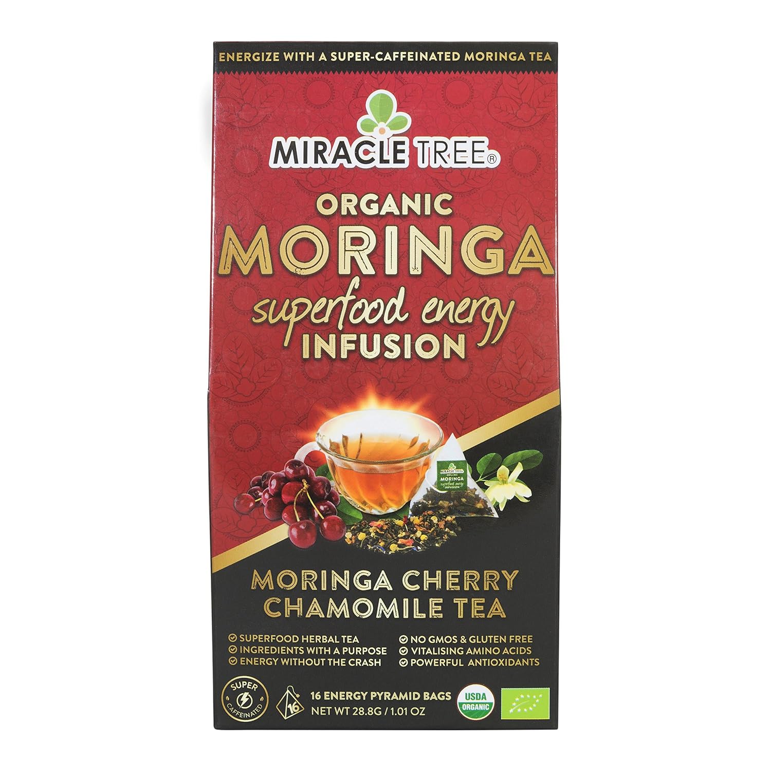 Miracle Tree's Moringa Energy Tea - Cherry Chamomile Tea | Super Caffeinated Blend | Healthy Coffee Alternative, Perfect for Focus | Organic Certified & Non-GMO | 5 X 16 Pyramid Sachets