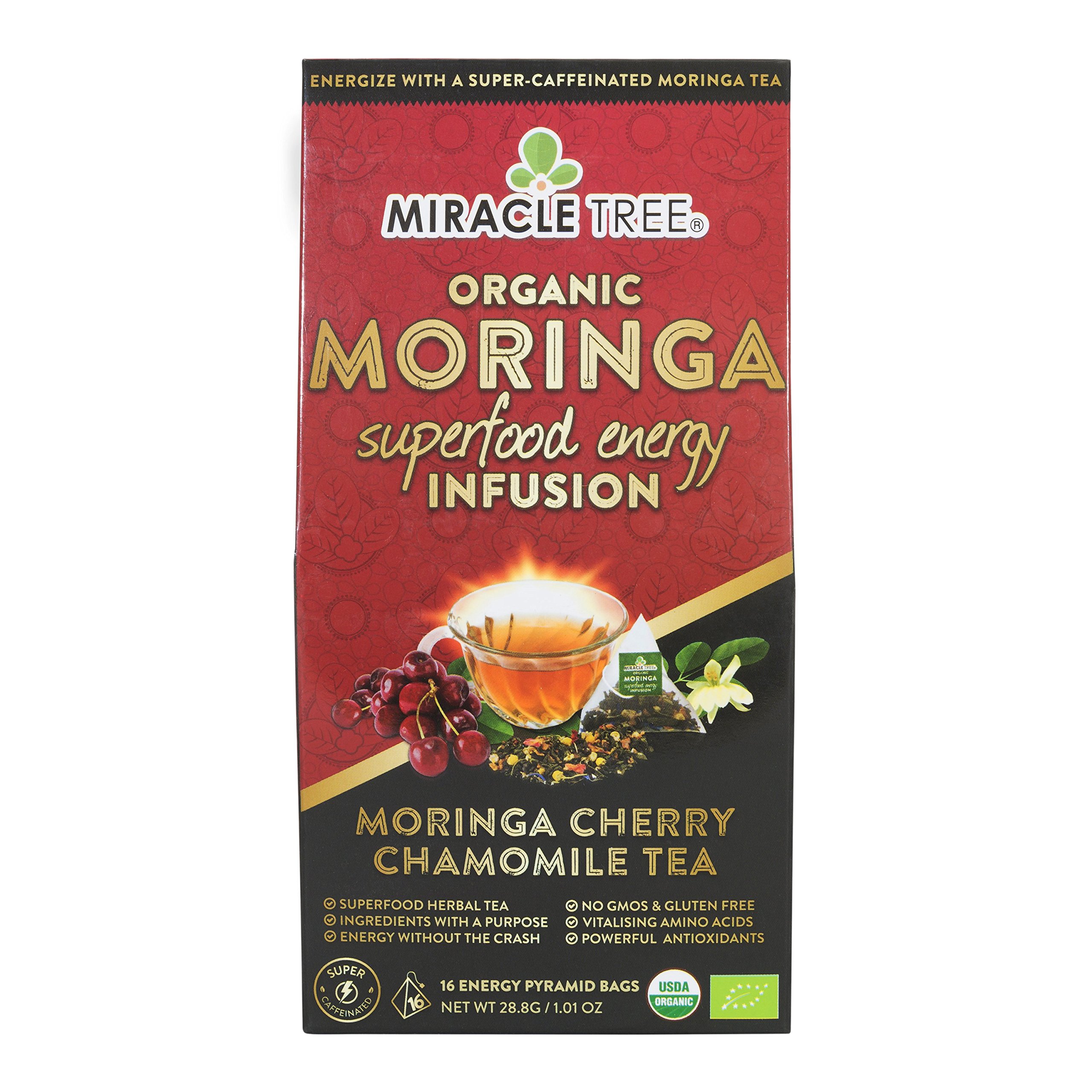 Moringa Energy Tea - Cherry Chamomile Tea | Super Caffeinated Blend | Healthy Coffee Alternative, Perfect for Focus | Organic Certified & Non-GMO | 16 Pyramid Sachets
