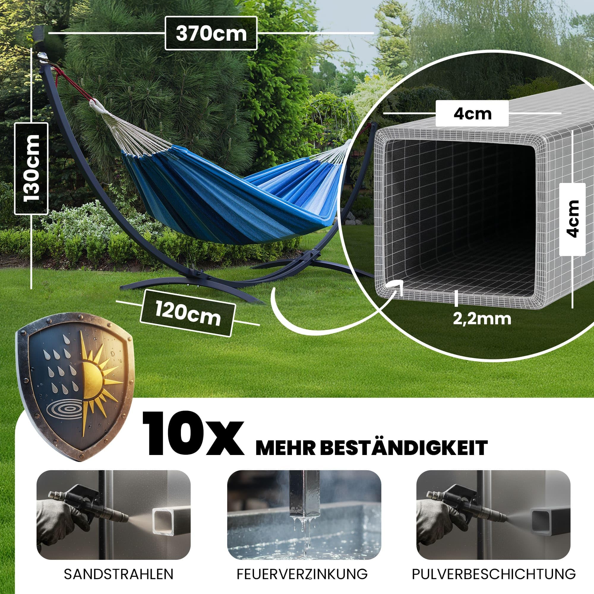 Potenza Amaca da Giardino con Supporto in Acciaio ZINCATO A CALDO – Amaca Doppia 230x160 cm, 200 kg in 100% Cotone con Struttura lunga 365 cm, Portata 220 kg, con Telaio Resistente alle Intemperie