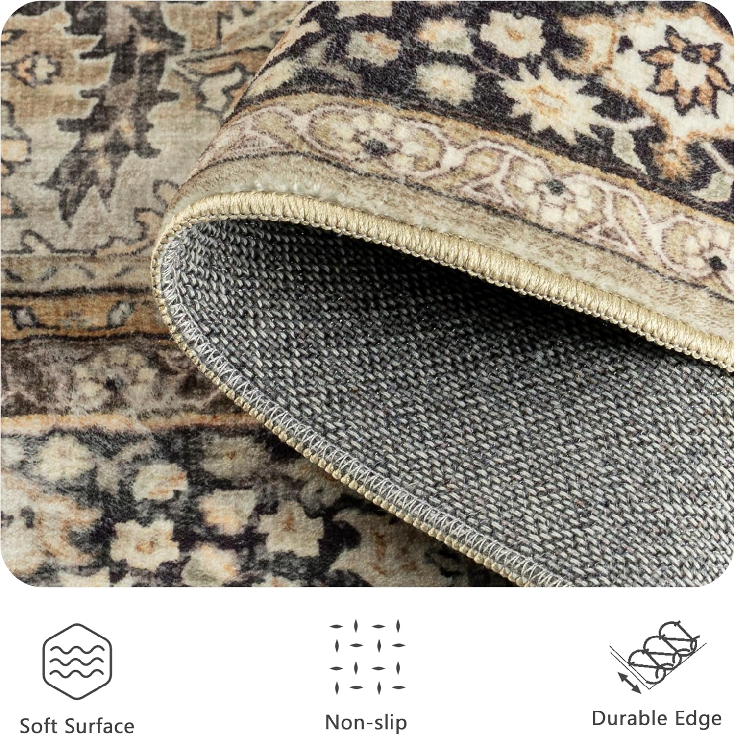 2x10 Hallway Runner Rug, Washable Vintage Retro Long Runner Rugs for Kitchen Laundry, Soft Ultra Thin Non Slip Low Pile Traditional Distressed Boho Carpet for Bedroom Bathroom, Charcoal Olive