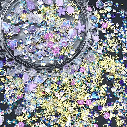 Dijes de uñas surtidos en 3D de varios tamaños, diamantes de imitación para manualidades, acrílico, morado, corazón, flor, lazo, mariposa, kawaii,