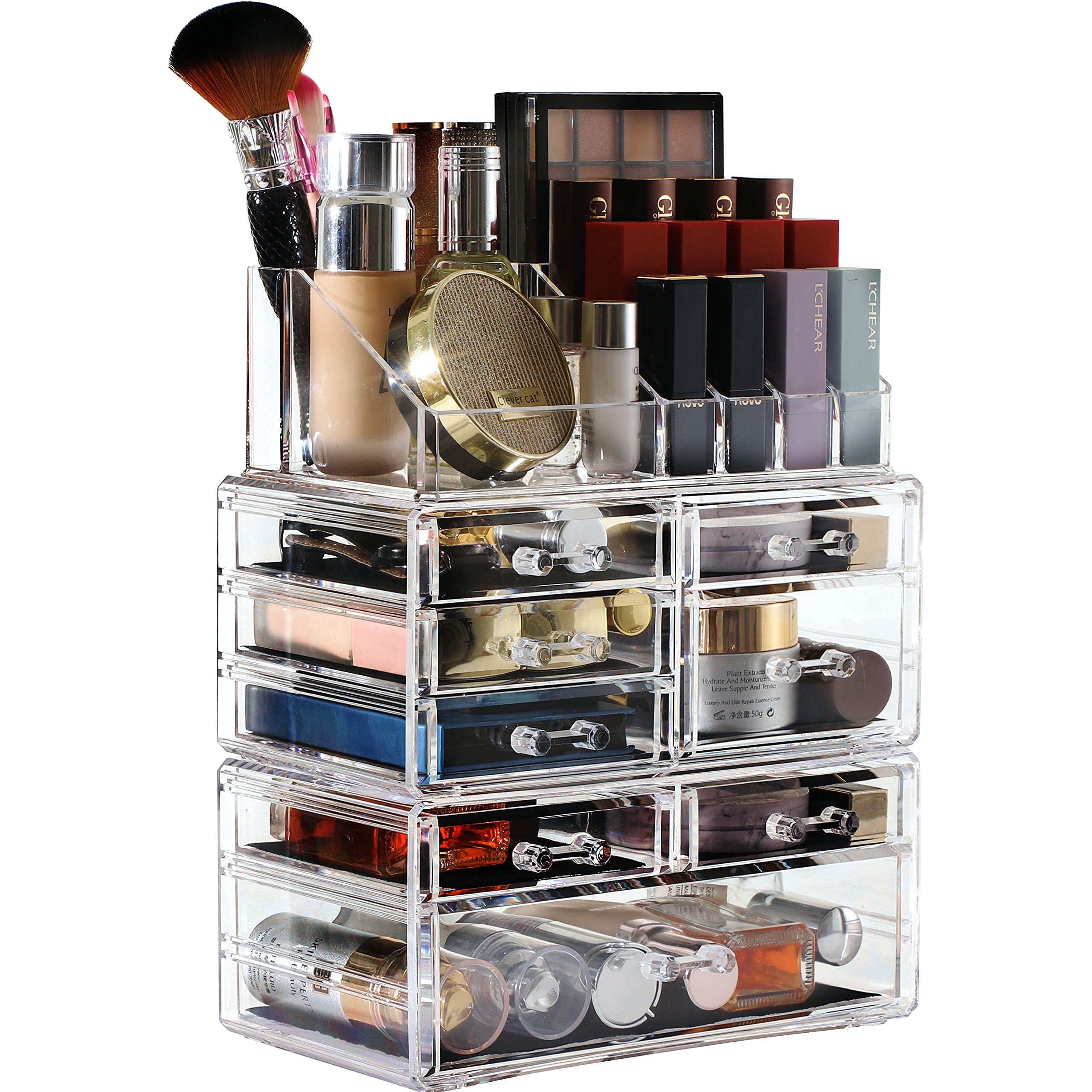 Cq Clear Acrylic Makeup Organizer, 3-Pack Stackable 8-Drawer Vanity Storage