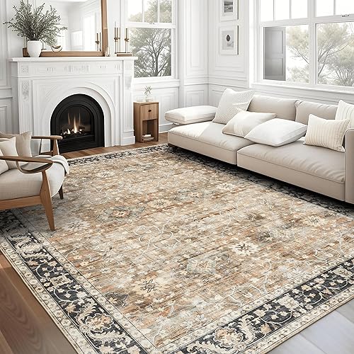 ReaLife Rugs Machine Washable Area Rug - Living Room Bedroom Bathroom Kitchen Entryway Office - Padded Low Pile Stain Resistant Premium - Boho Farmhouse Vintage - BEV - Beige Tan Brown 4' x 6'