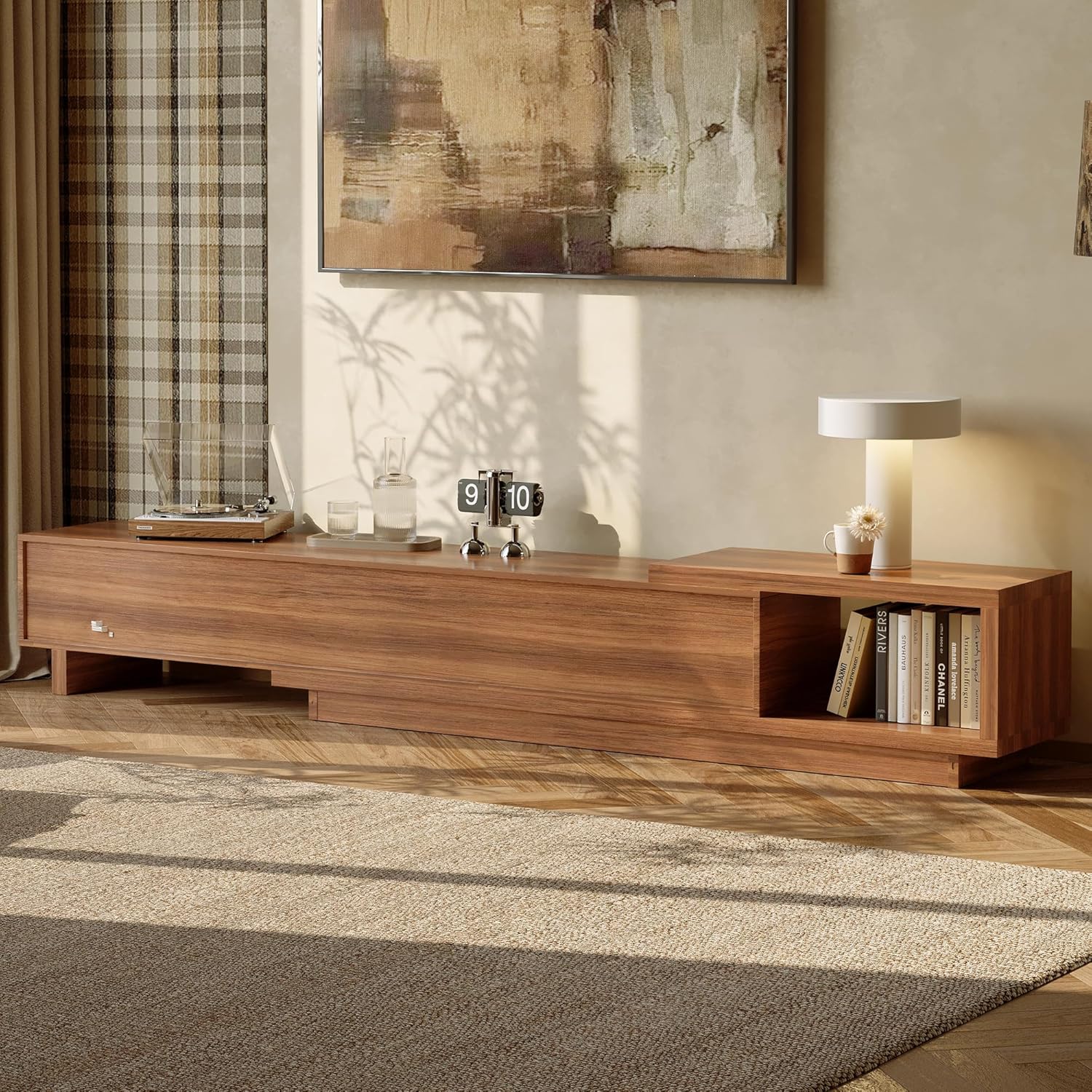 Extendable Mid Century Modern Walnut TV Stand for 80+ Inch TVs, 78.7"-103.1" Adjustable Media Console with Crosshatch Textured Drawers, Large Storage Entertainment Center for Living Room