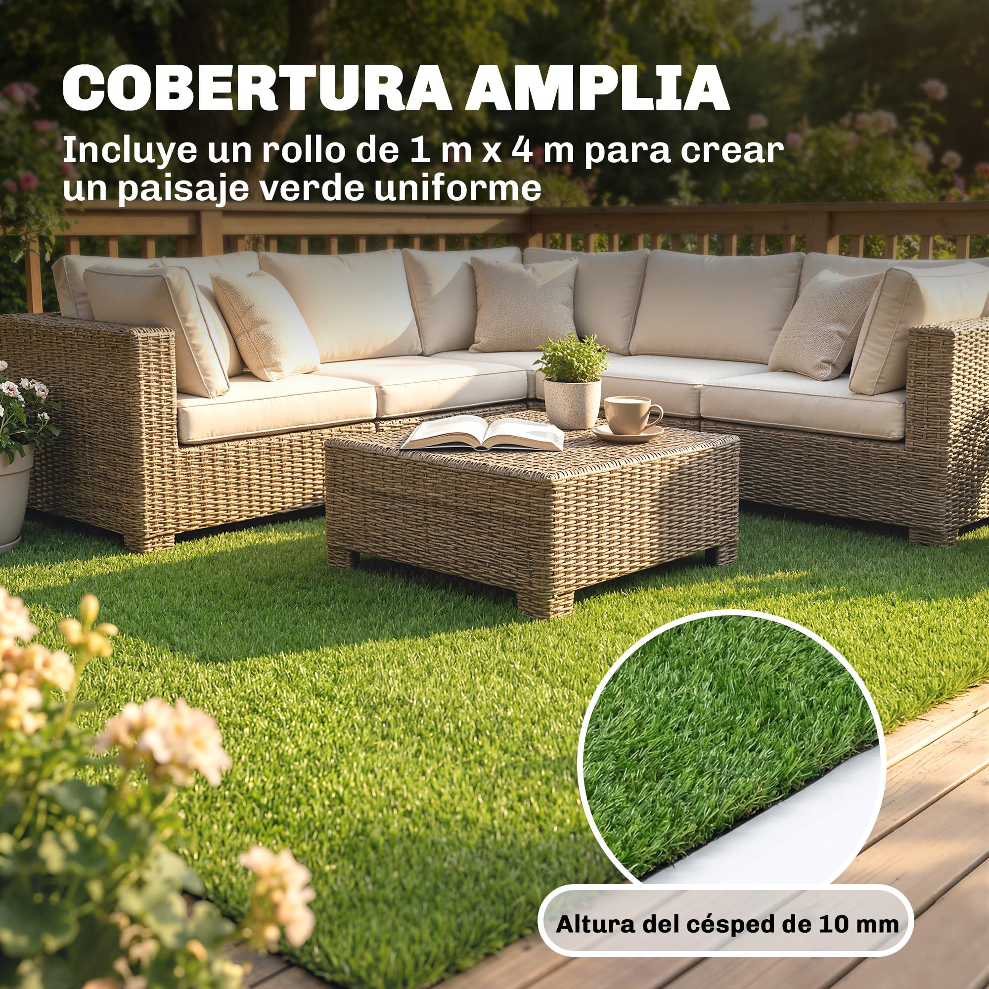 Outsunny Césped Artificial 1m x 4m, Alfombra Césped Artificial con Altura de Hierba 10 mm, Drenaje Automático, para Jardín, Terraza, Patio, Balcón, Interior y Exterior, Verde