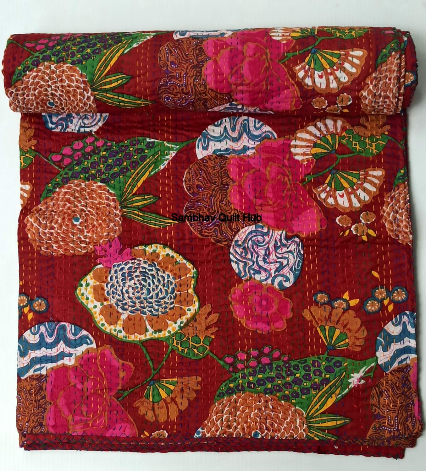 Maroon Fruit Kantha with 2 Pillow Cover Vintage Ethnic Floral Cotton Quilting Fruit Kantha Quilt Coverlet Bedspread Patchwork Stitch Blanket Twin/Queen/California King Size (60X90 inches)