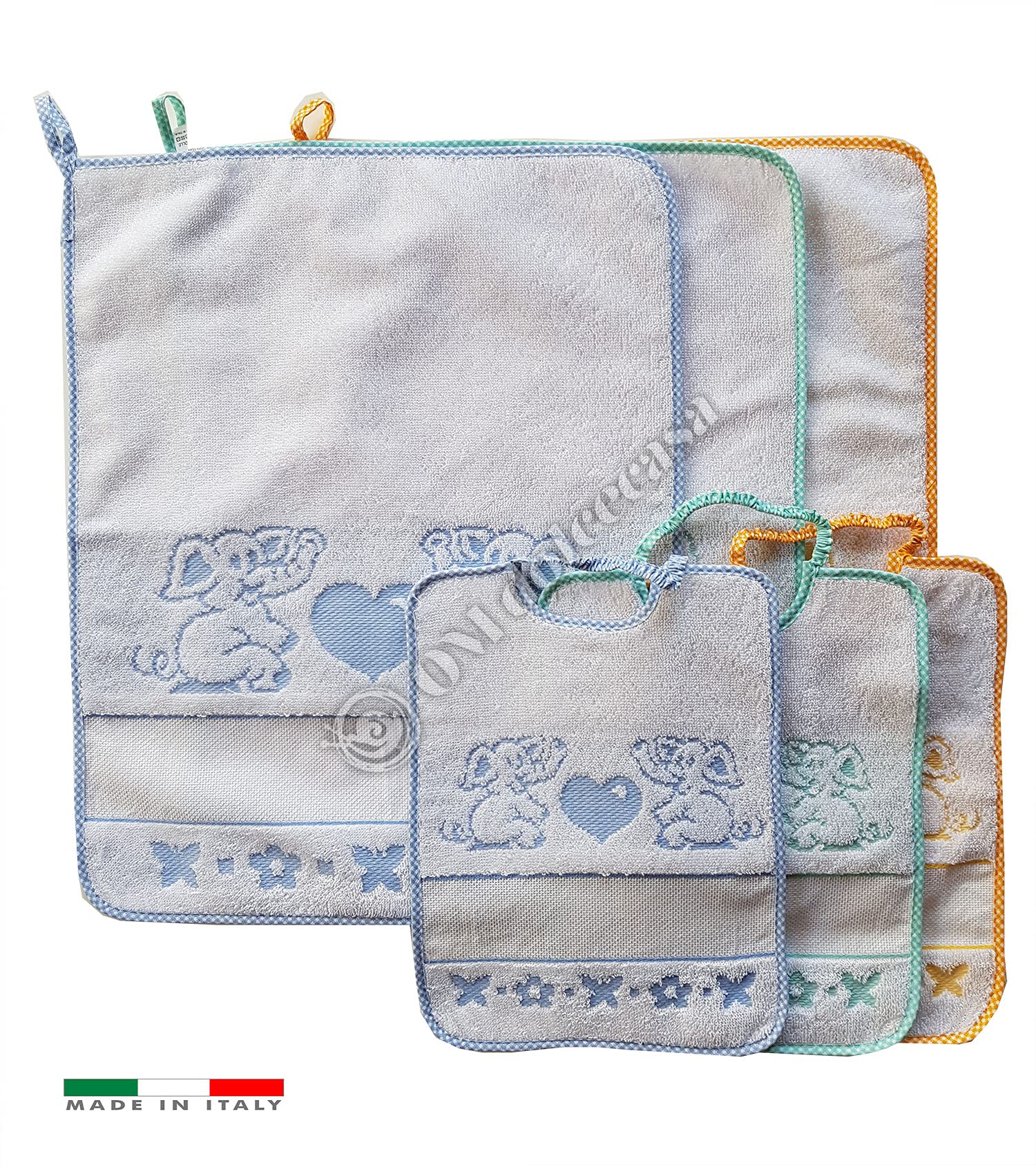 OM DOLCE CASA Set 3 Bavaglini + 3 Asciugamani Elefante 100% Cotone Tela Aida Ricamo Asilo Scuola Materna Bambino