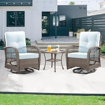 Bistro Set 3 Piece Outdoor Patio Furniture, Wicker Swivel Rocking Chair Set with Matching Coffee Table & Premium Fabric CushionMixed Grey/Aqua Blue