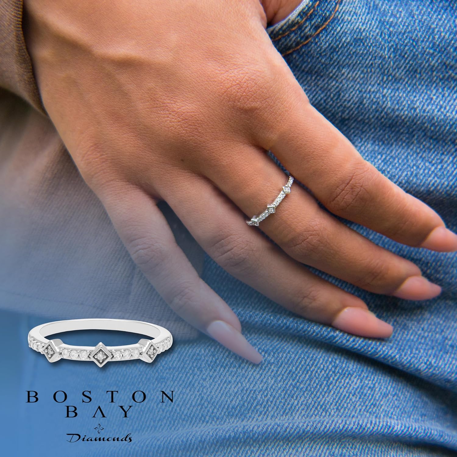 Boston Bay Diamonds Diamond Stacking or Anniversary Band Ring in 14K Yellow Gold or Rhodium Plated.925 Sterling Silver - Choice of Style & Metal