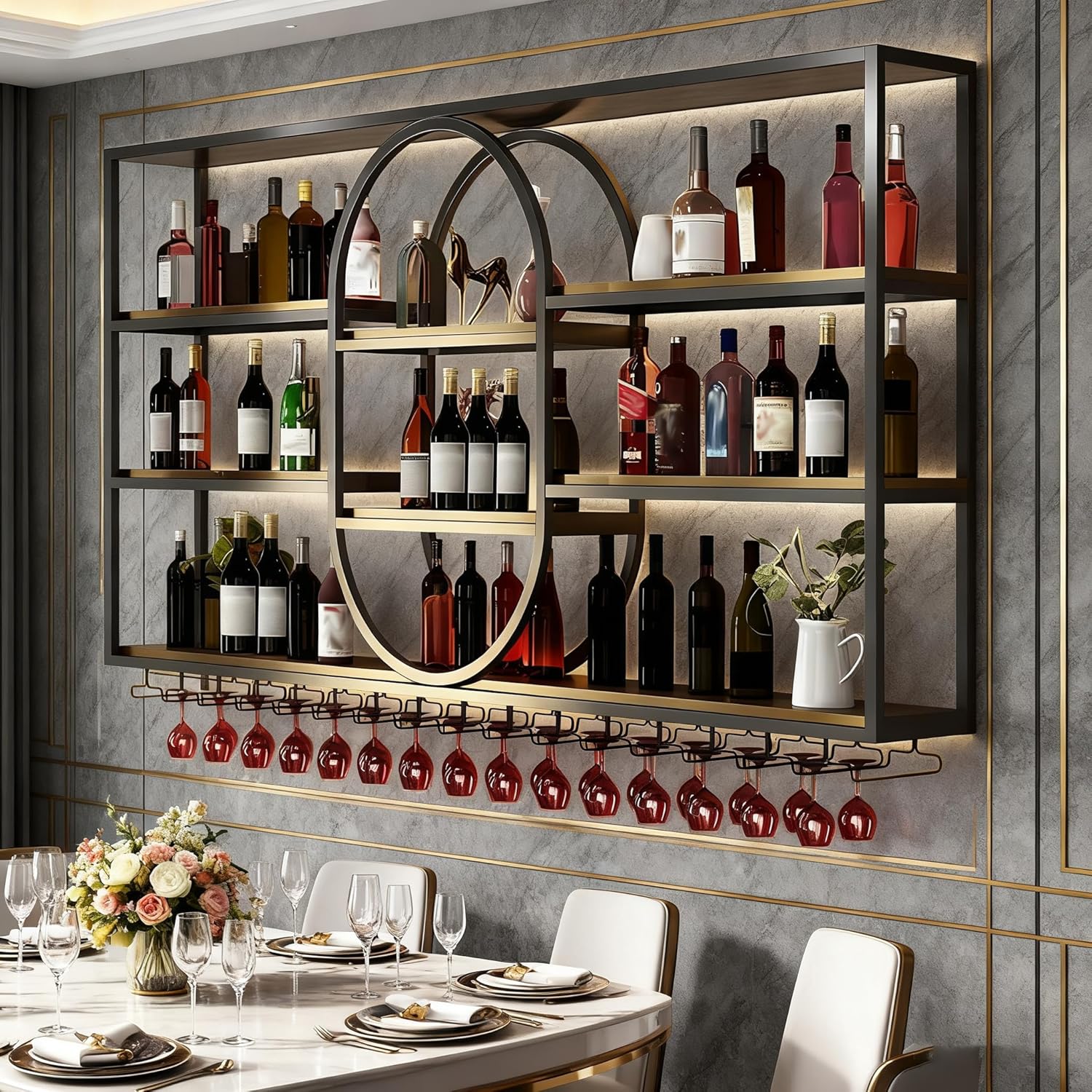 71IN Large Wall Mount Wine Rack, 4 Tier Metal Hanging Bottle Holder with Wine Glass Storage Racks, Modern Floating Wine Shelves for Home Bar Dining Room Decoration (Black, 71IN/180CM)