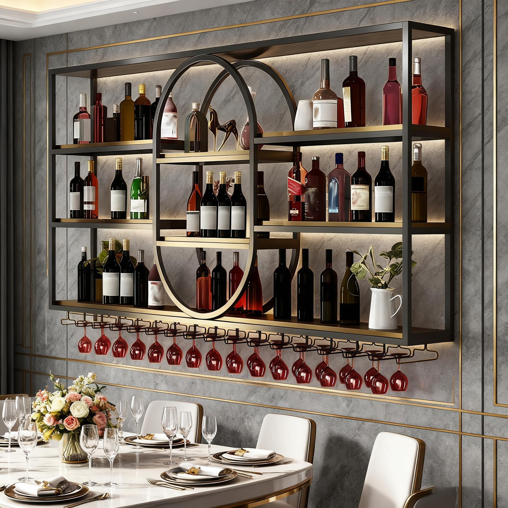 YGYSYSNN 71IN Large Wall Mount Wine Rack, 4 Tier Metal Hanging Bottle Holder with Wine Glass Storage Racks, Modern Floating Wine Shelves for Home Bar