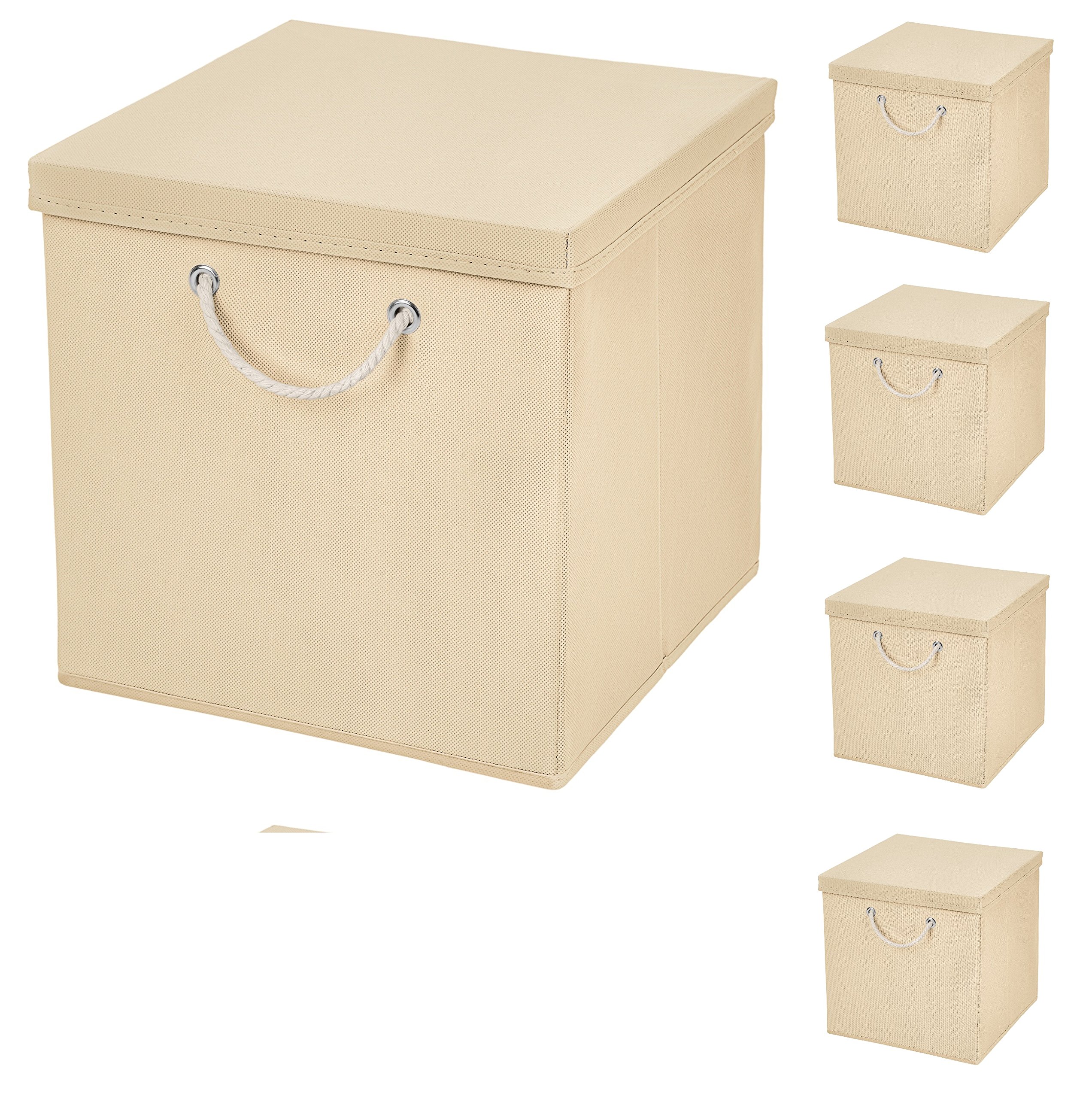 CM3 5 Stück Creme Faltbox 30 x 30 x 30 cm Aufbewahrungsbox faltbar mit Kordel und mit Deckel