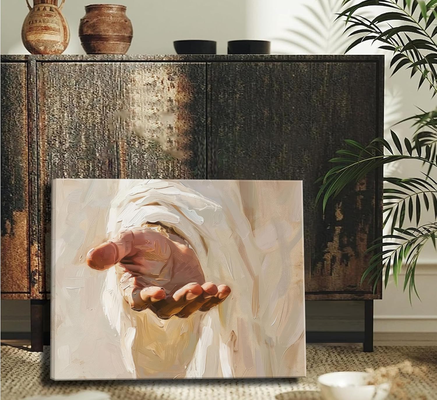 Jesus Canvas Wall Art,Christian The Hand of God Wall Decor Painting,Religion Bible Pictures Posters Prints for Church Prayer Room Living Room Home Decor Framed Wrapped Canvas 16X24 In