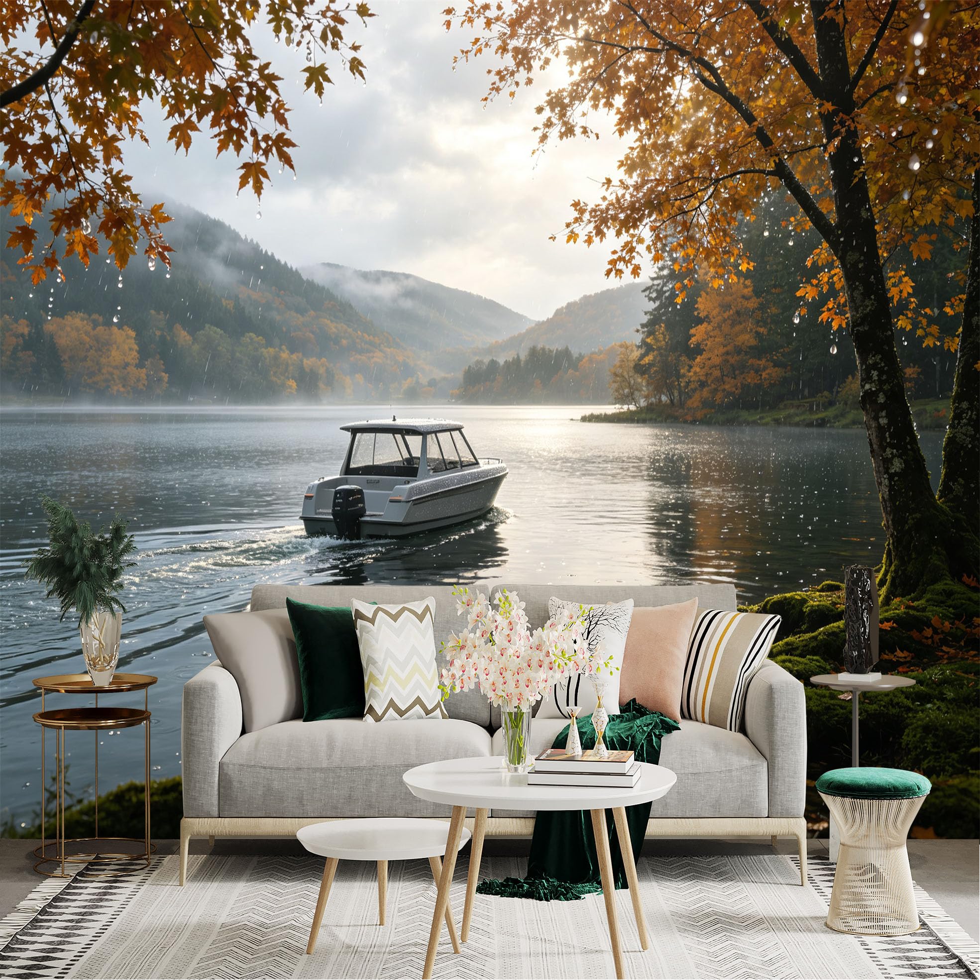 Custom Size Wall Sticker Mural， Motorboat on a Misty Lake， Autumn Foliage and Forest Scenery， for wall Decoration， peelandstick wall Decals.