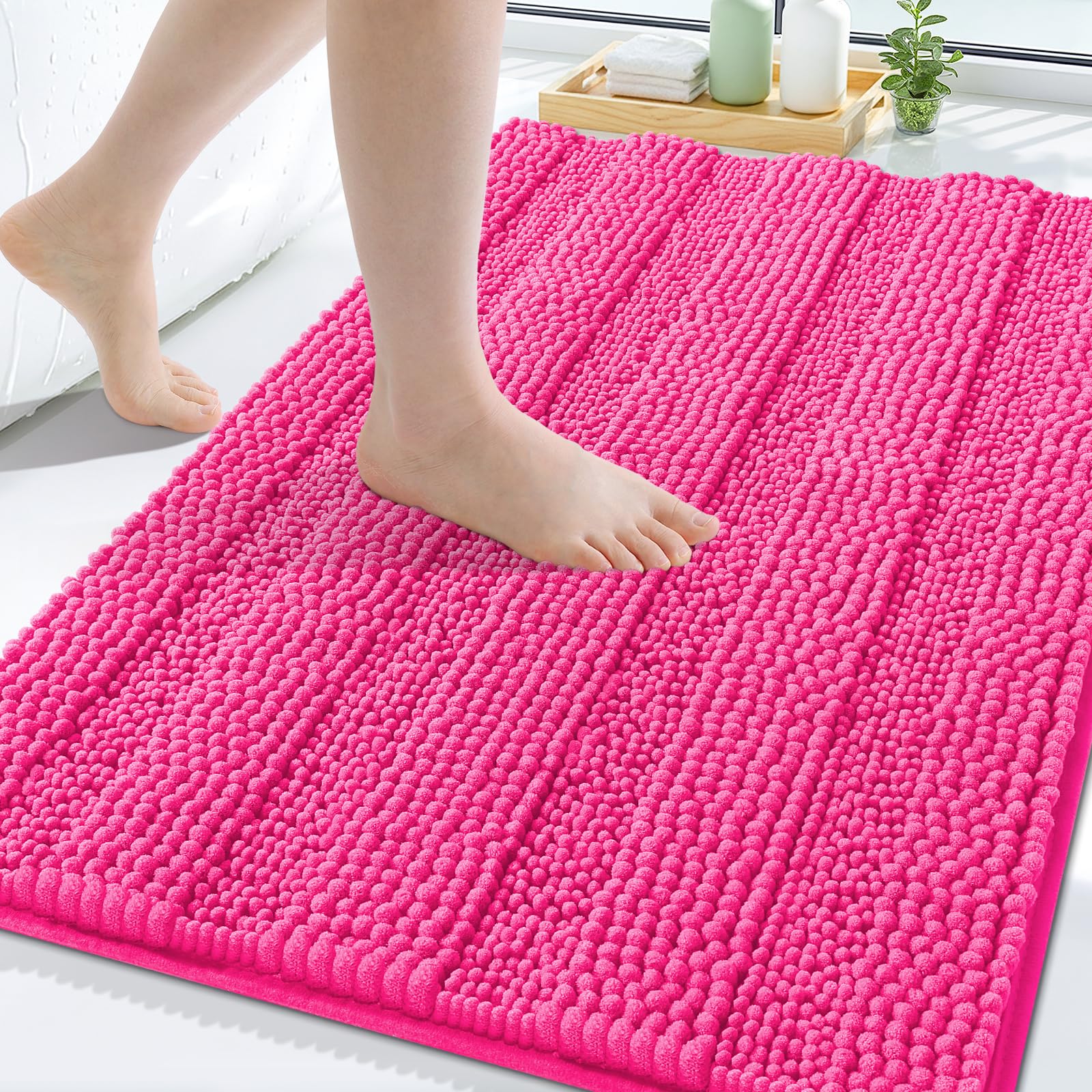 Grandaily Chenille Bathroom Rugs 30x20, Soft Absorbent Bath Mats, Deep Pink