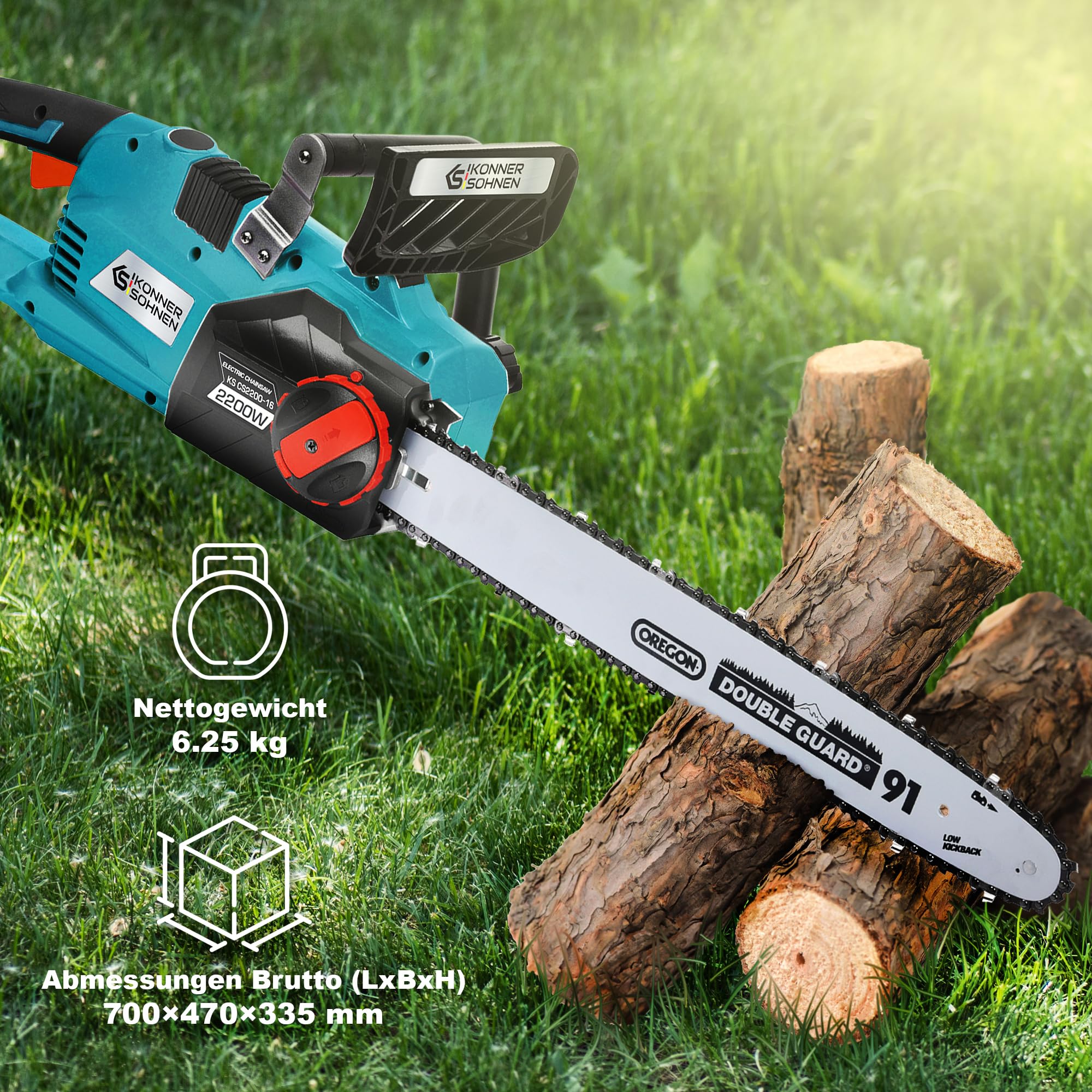 Elektryczna piła łańcuchowa KS CS2200-16, moc 2200 W, długość łańcucha 16" (40 cm), prędkość łańcucha 14 m/s, napięcie łańcucha bez narzędzi