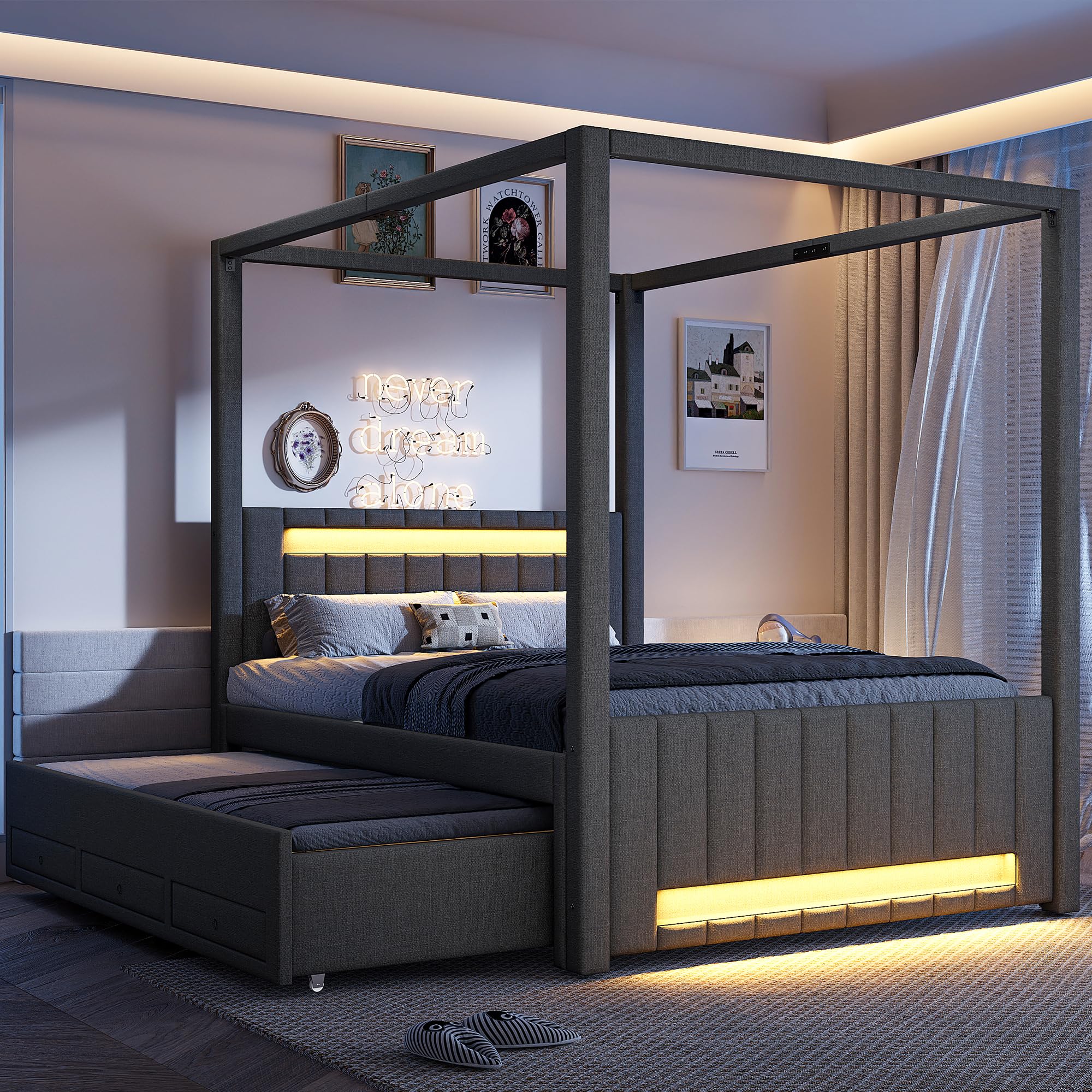 Polsterbett mit LED-Streifen, Stauraum, Lattenrost, Kopfteil, Schubladen und Ausziehbett, Doppelbett, Himmelbett, Leinen (schwarz, 140x200 cm)
