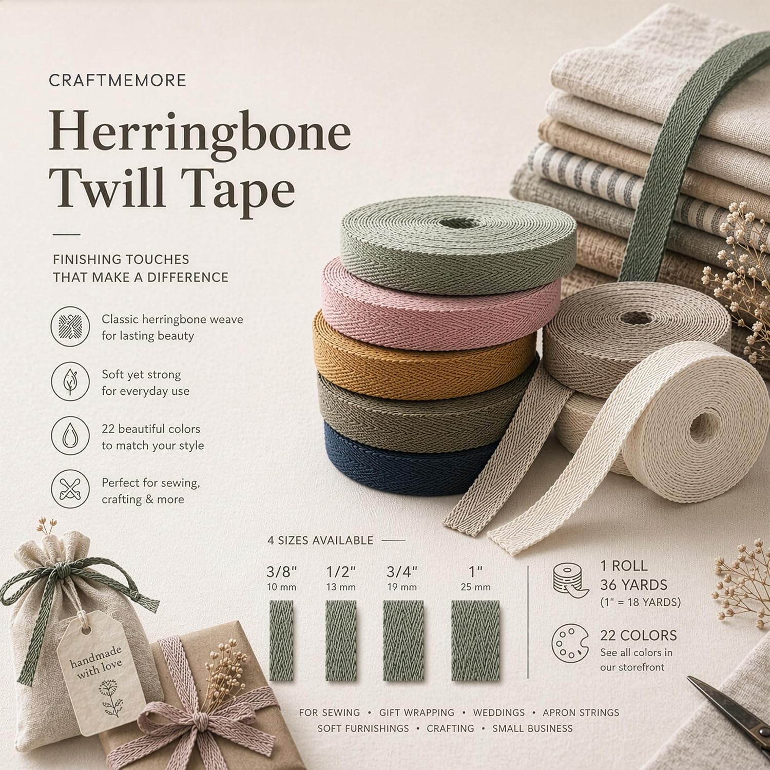 CRAFTMEMORE 3/4 Inch Twill Tape Fabric Ribbons Webbing Herringbone Twill Bias Binding Tape for Clothes Sewing Craft Trim Lace 36 Yards (MP50 Yellow)