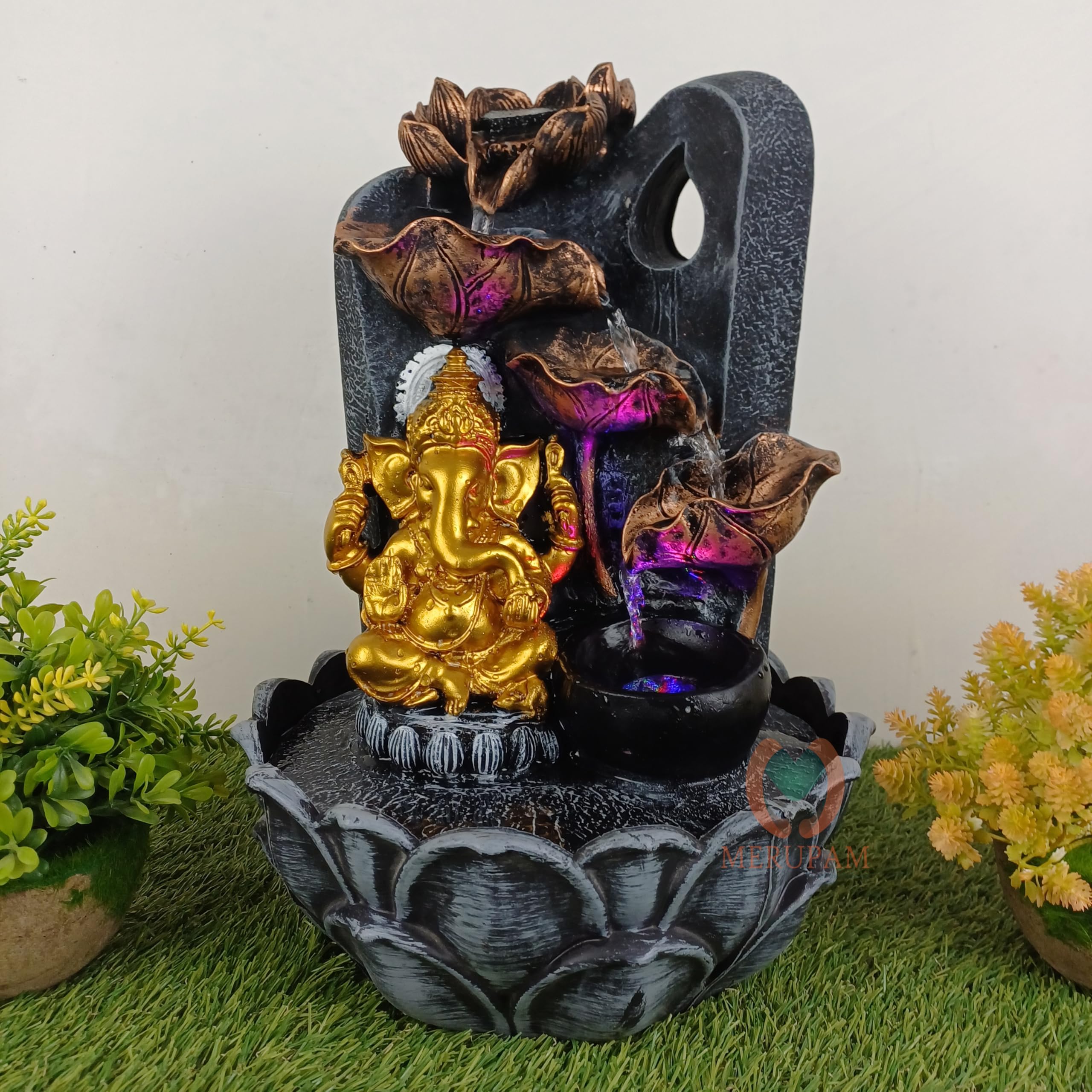 Ganesha Four Step Diya Tabletop Water Fountain for Home Decor with Multicolor LED Light, Meditation Relaxing Indoor Decoration, Zen Fountain for Home, Office, Bedroom Decoration (M-19)-image-33