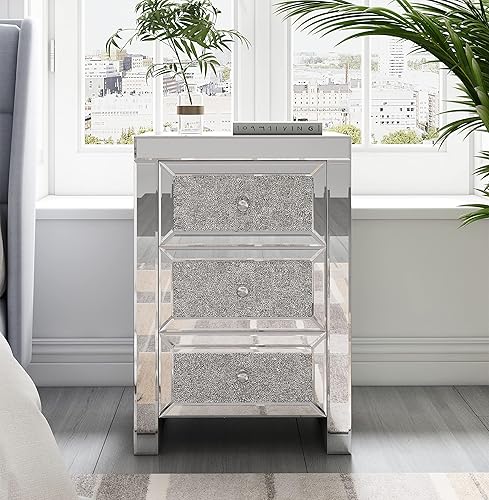 Miniatura 91 de SSLine Mesa auxiliar cuadrada con espejo con luces LED, mesita de noche con espejo, mesa auxiliar de espejo con acabado plateado para dormitorio,