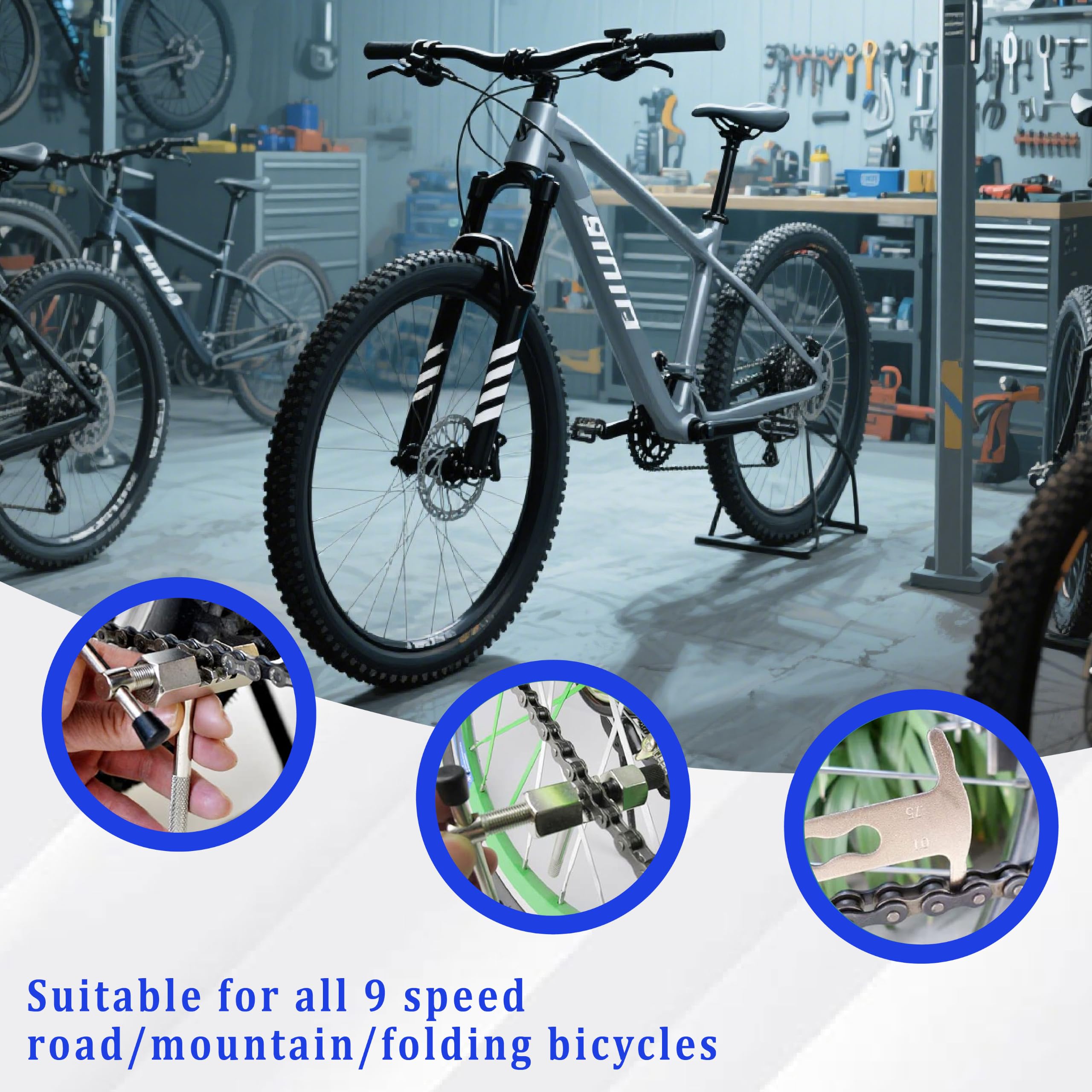Zestaw narzędzi do łańcucha rowerowego 9 prędkości, 1/2 x 11/128 cala 116 ogniw. Zawiera kruszarkę łańcucha, kontroler łańcucha, zapięcie łańcucha, szczypce i szczotkę. Idealny do konserwacji rowerów