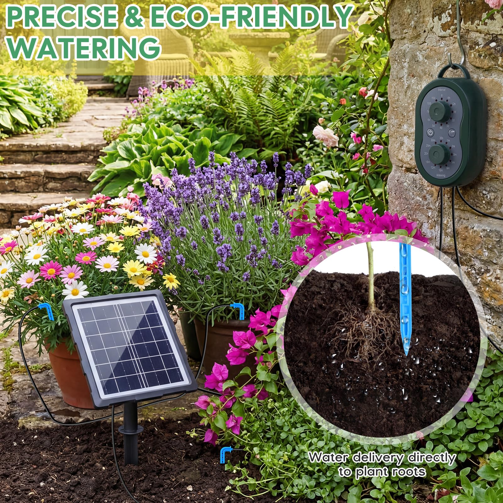 Sistema de Riego Solar para Jardín, Kit Riego Por Goteo Autorriego con Temporizador para 15 Macetas, Riego por Goteo Automatico para Interior Exterior Jardín Terraza Balcone Plantas Verdura