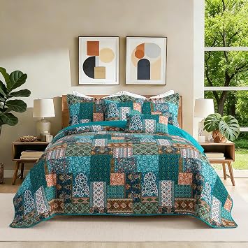 BEDIFANY Green Queen Comforter Set 3 Pieces, Cotton Queen Size Quilts for Bed, Lightweight Farmhouse Quilted Bedspread for All Season, Verdant Green | Green