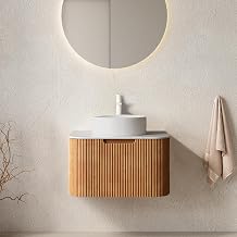 24 Inch Solid Wood Texture Floating Bathroom Vanity with Sink, Modern Wall-Mounted Striped Bathroom Storage Cabinet with White Ceramic Sink Combo, Natural Wood