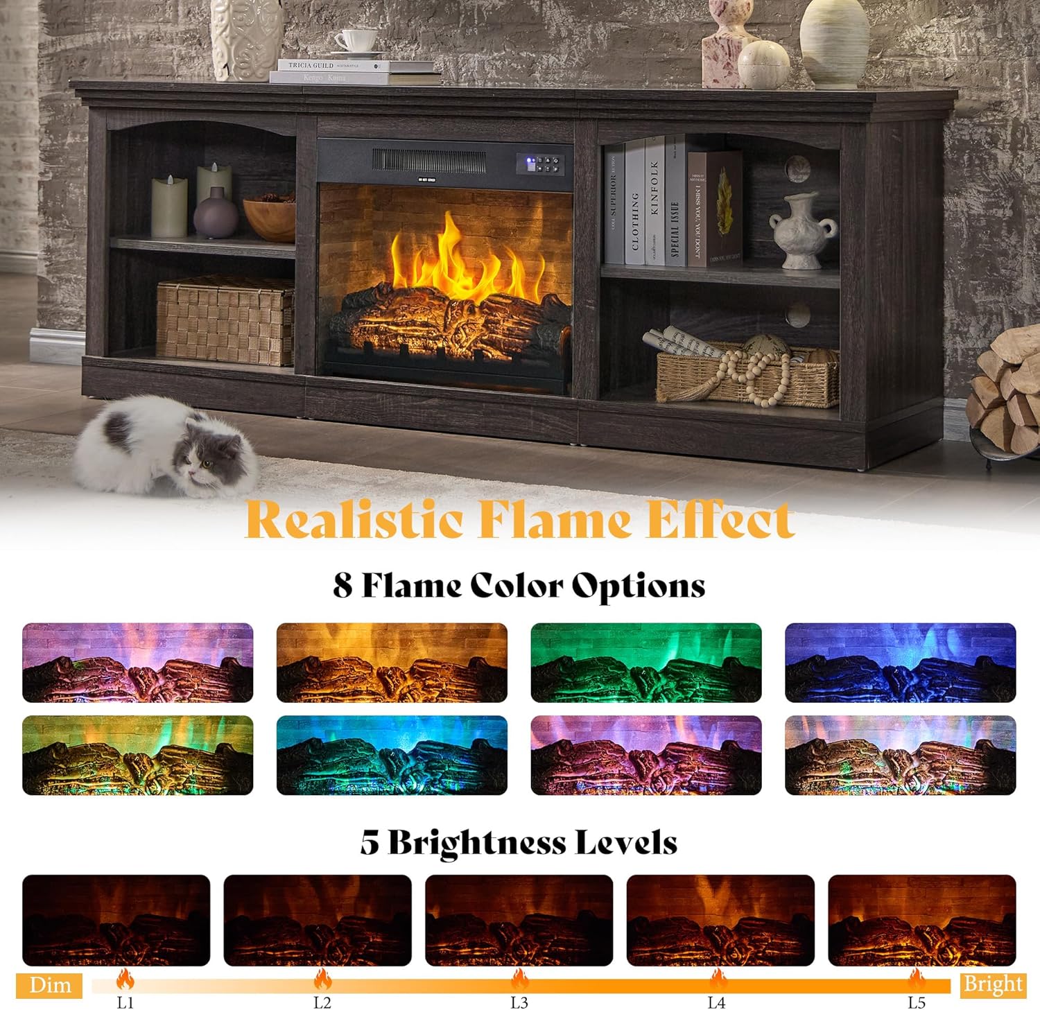 AMERLIFE 70 Inch Fireplace TV Stand for TVs up to 80", Farmhouse Entertainment Center with 23" Electric Fireplace One-Box Delivery, Media Console Table with Storage for Living Room, Black