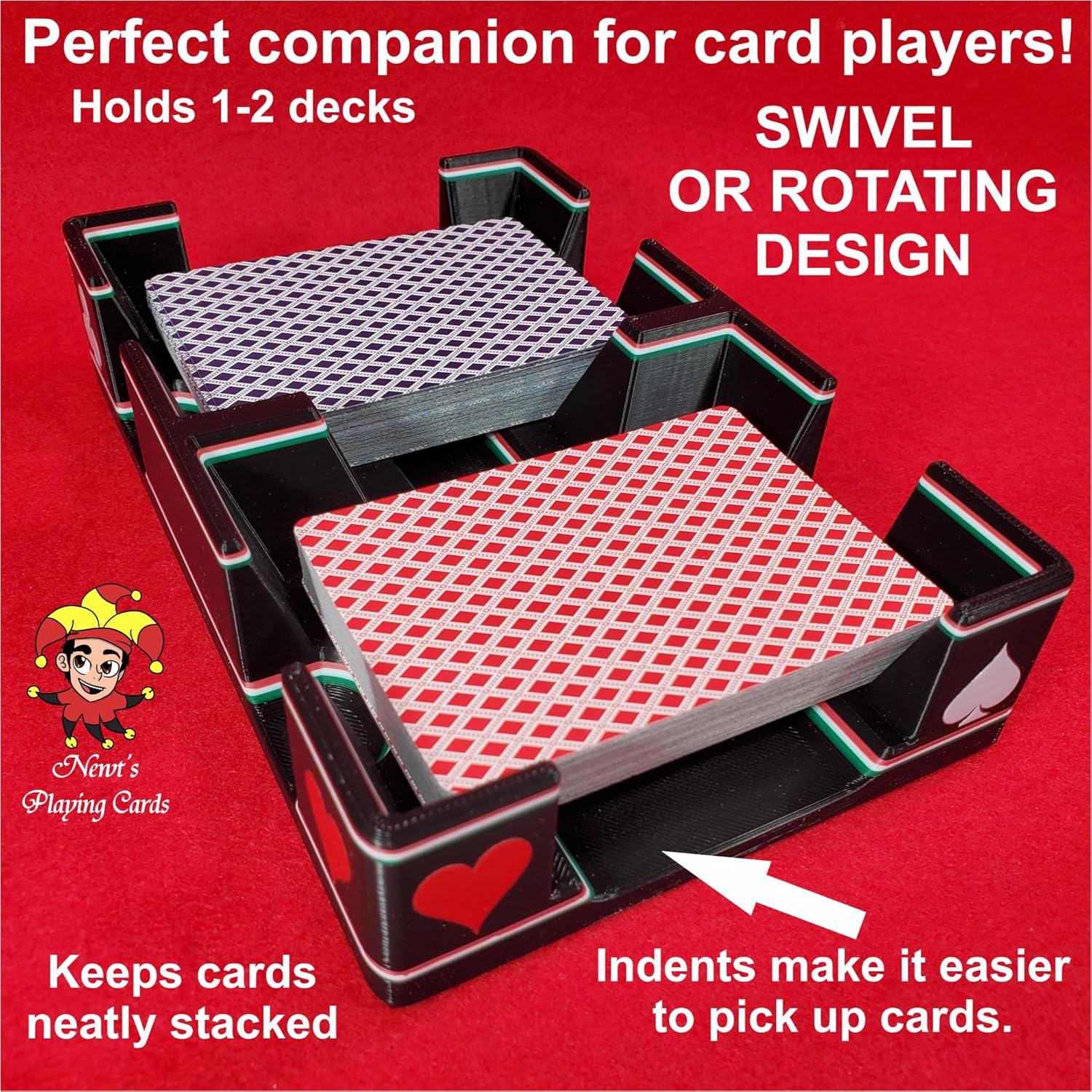 Ritzy Swivel Playing Card Tray (Rotates 360°), for Card Games Using 1-2 Decks of Cards: Suited Plastic Design Features Hearts, Diamonds, Spades and Clubs - Made in USA (Tuxedo Black Design)