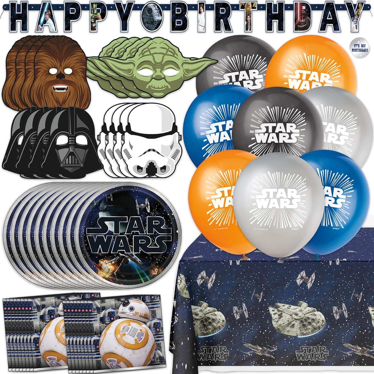 Star Wars Birthday Decorations Set | Star Wars Party Decorations | Masks, Banner, Tablecloth, Balloons, Plates, Napkins, Sticker | Officially Licensed