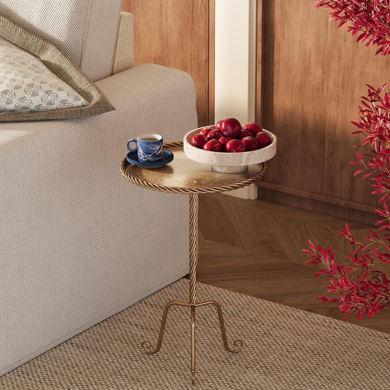 Vintage Bronze Round Metal Side Table with Raised Rim, Twisted Pedestal and Curved Tripod Base, Compact Art Deco Drink Table,13" Accent Table for Living Room, Bedroom or Corners (2, Bronze)