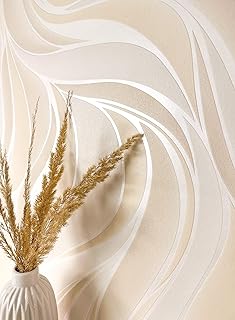 Newroom Cream Non-Woven Wallpaper Lines Striped Wallpaper Stripes White Waves Glitter Wallpaper Modern Curved Lines Classi...