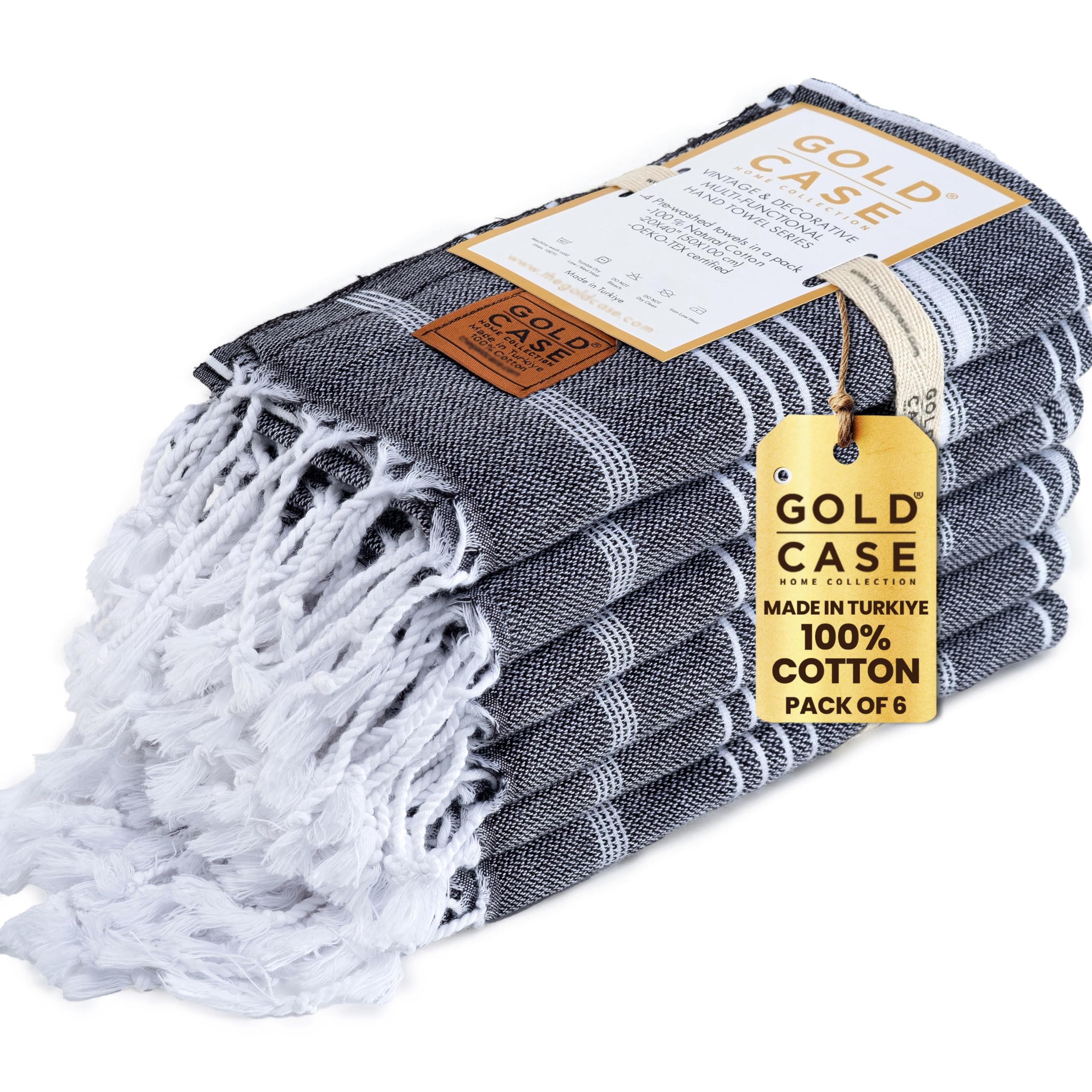 Gold CASE Turkish Hand Towels for Bathroom Set of 6 – 20 x 40'' – 100% Cotton Bathroom Hand Towels – LYCIA Towel for Spa, Face, Tea & Dishcloth –