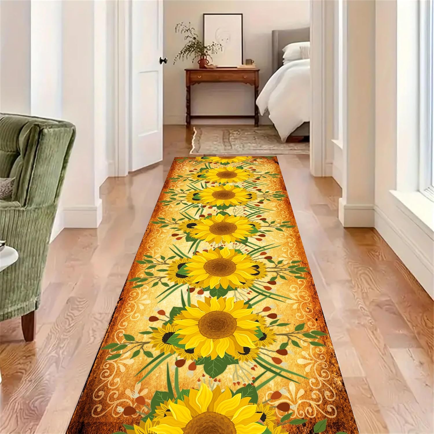Sunflower Long Rugs,2x7ftYellow Sunflower Kitchen Decor Rug, Country Rustic Floral Rug with Non-Slip Backing Washable Carpet for Hallway Runner, Dining Room, Foyer Entrance