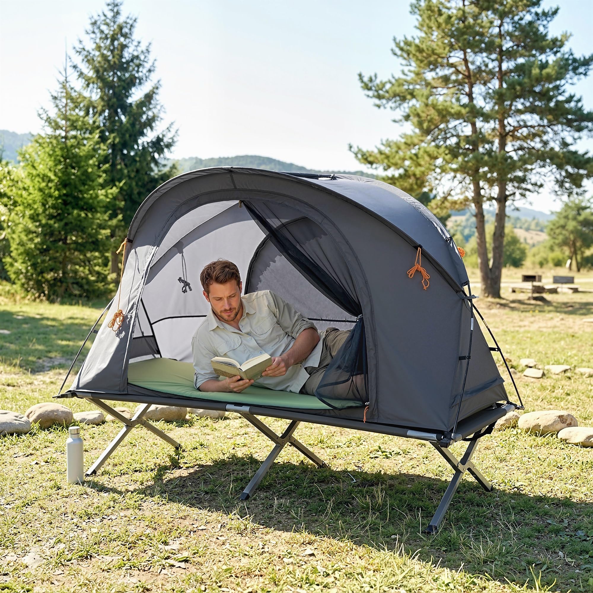 Outsunny Ensemble Tente de Camping 3 en 1 avec lit de Camp 1 Personne, Tente et 1 Matelas Gonflable - Sac de Transport Inclus - dim. 200L x 86l x 147H cm