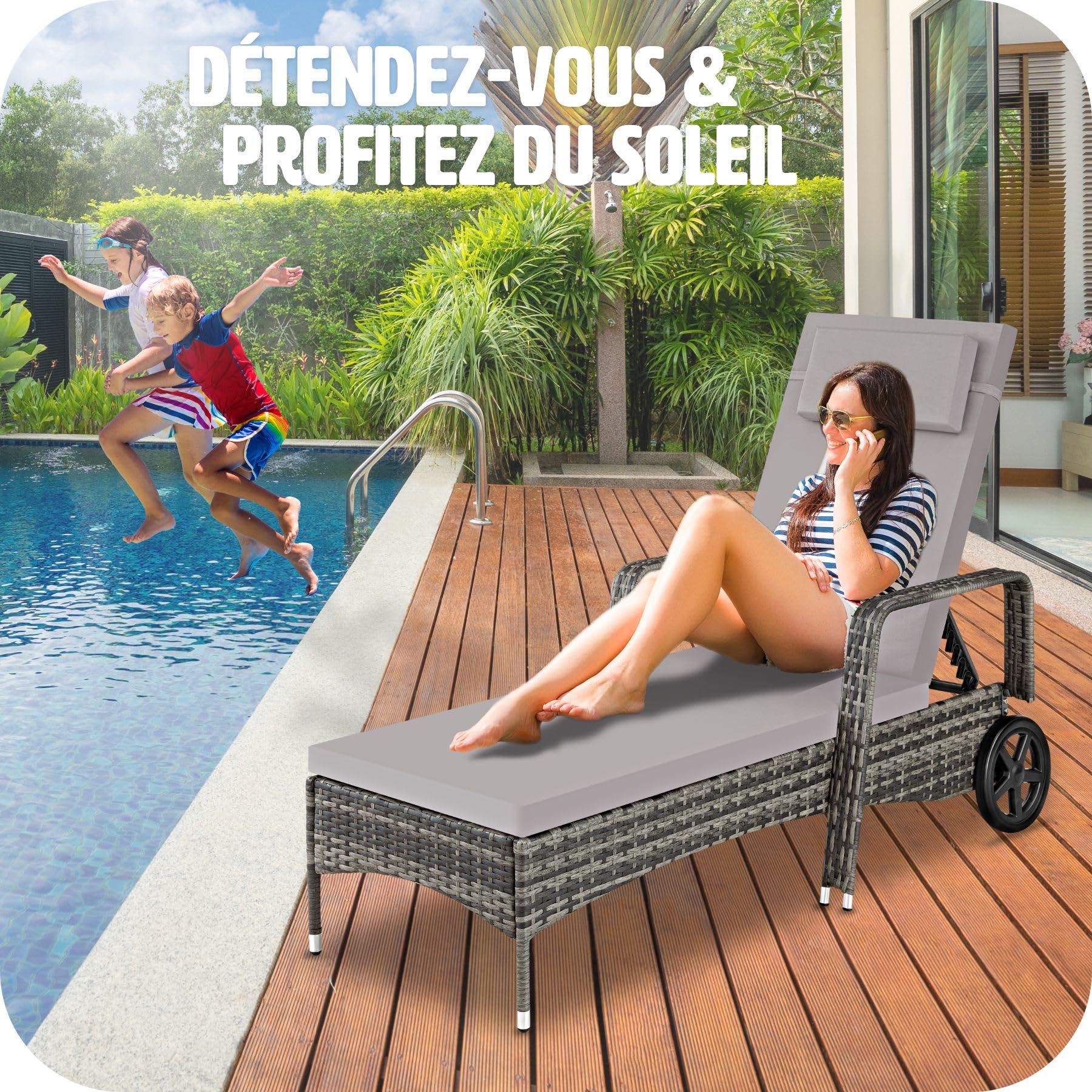 tectake® Bain de Soleil Chaise Longue en Resine Tressee Résistant Cadre en Aluminium Inclinable avec roulettes Transat Salon de Jardin Exterieur Mobilier de Jardin Chaise Longue Piscine - Gris