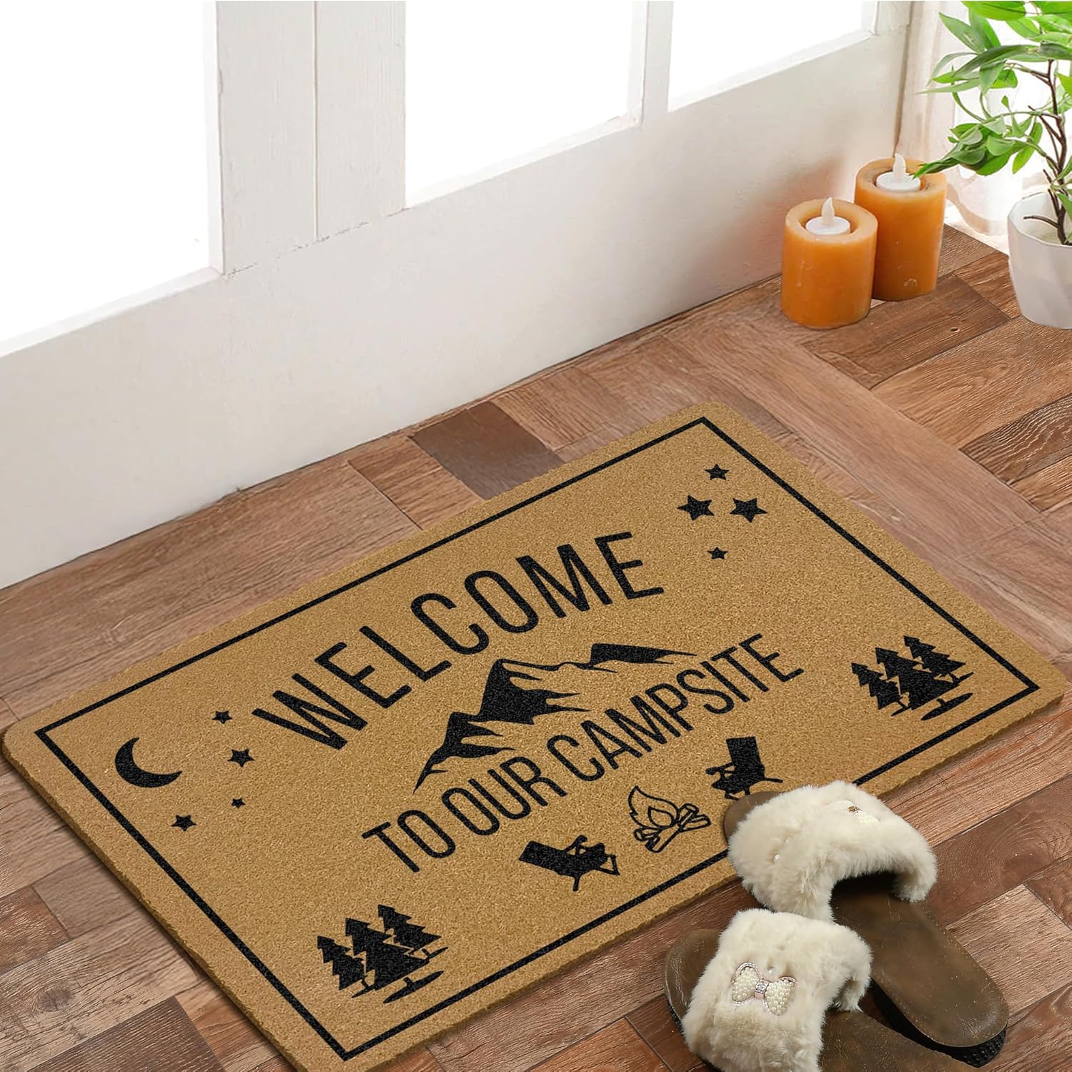 Camping Coir Door Mats Outdoor, Camper Front Door Mat Outside Entrance, Welcome to Our Campsite Doormat Outdoor Indoor Entrance for RV Campsite Porch Entryway Decor, 17x30in