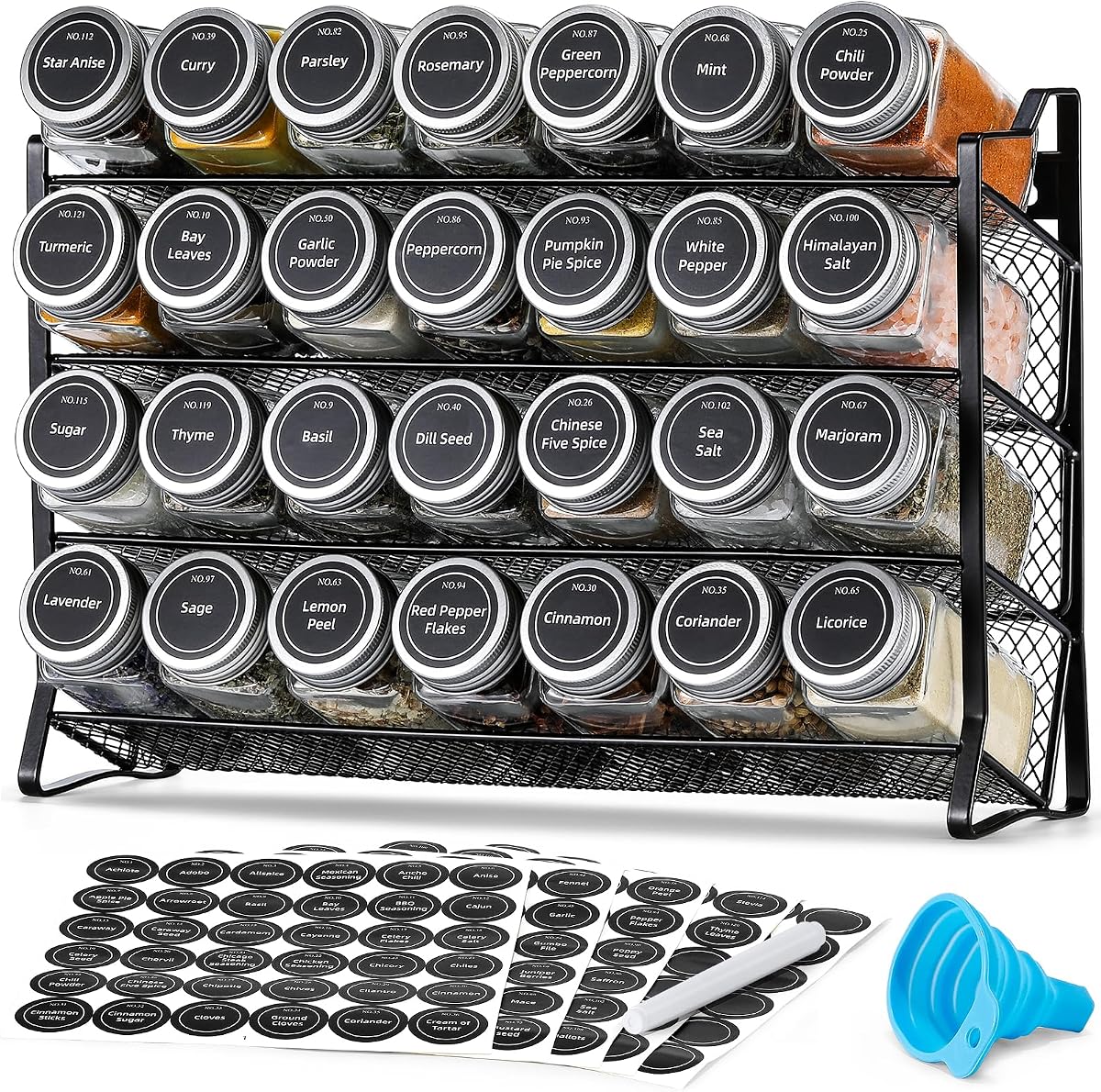 Spice Rack Organizer with 28 Empty Spice Jars with Silver Lids, Funnel, Labels - Seasoning Organizer for Countertop, Cabinet, Kitchen, Pantry