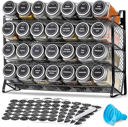 AOZITA Organizador de especias con 28 tarros de especias vacíos con tapas plateadas, embudo, etiquetas, organizador de condimentos para encimera,
