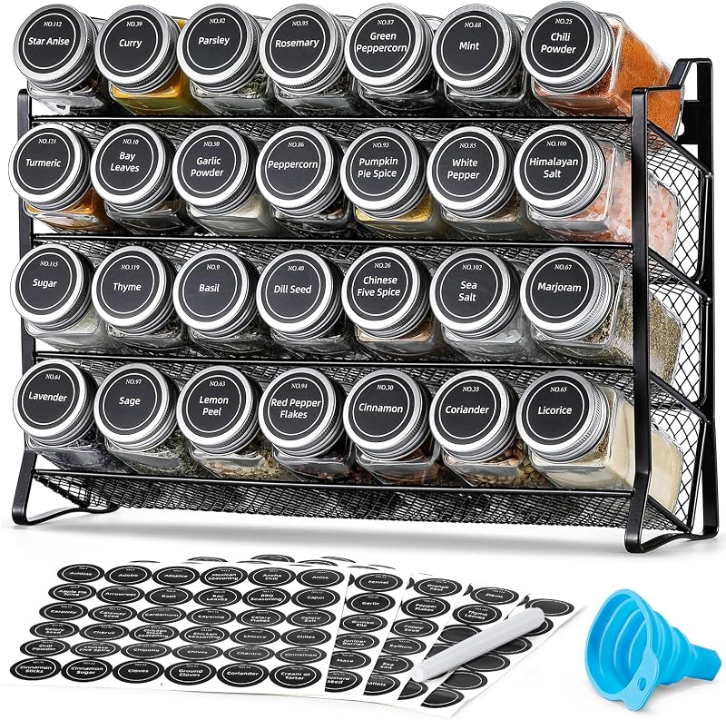 Spice Rack Organizer with 28 Empty Spice Jars with Silver Lids, Funnel, Labels - Seasoning Organizer for Countertop, Cabinet, Kitchen, Pantry
