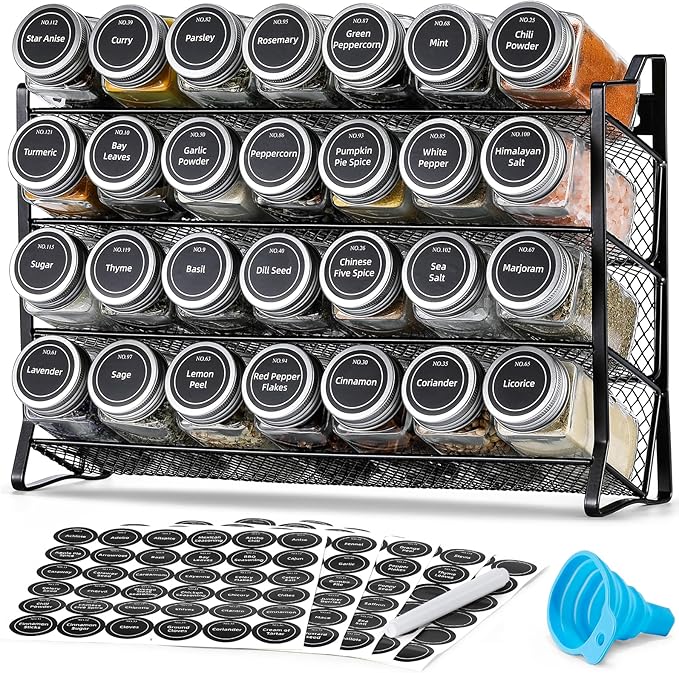 AOZITA Spice Rack Organizer for Cabinet, Spice Organizer with 28 Empty Spice Jars with Black Lids, Funnel, Spice Labels, Seasoning Organizer for Countertop, Cabinet, Kitchen, Pantry, Cupboard