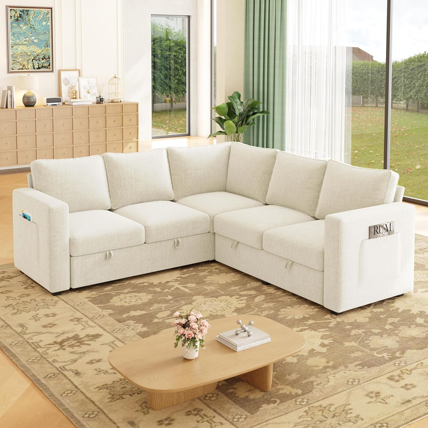 83.5" Sectional Sleeper Sofa with Pull Out Couch, Modern 5 Seat L Shaped Modular Couch, Sectionals Modular Sofa with Storage, Comfy Sectional Couches for Living Room & Apartment, Beige Beige 5 Seat Sofa