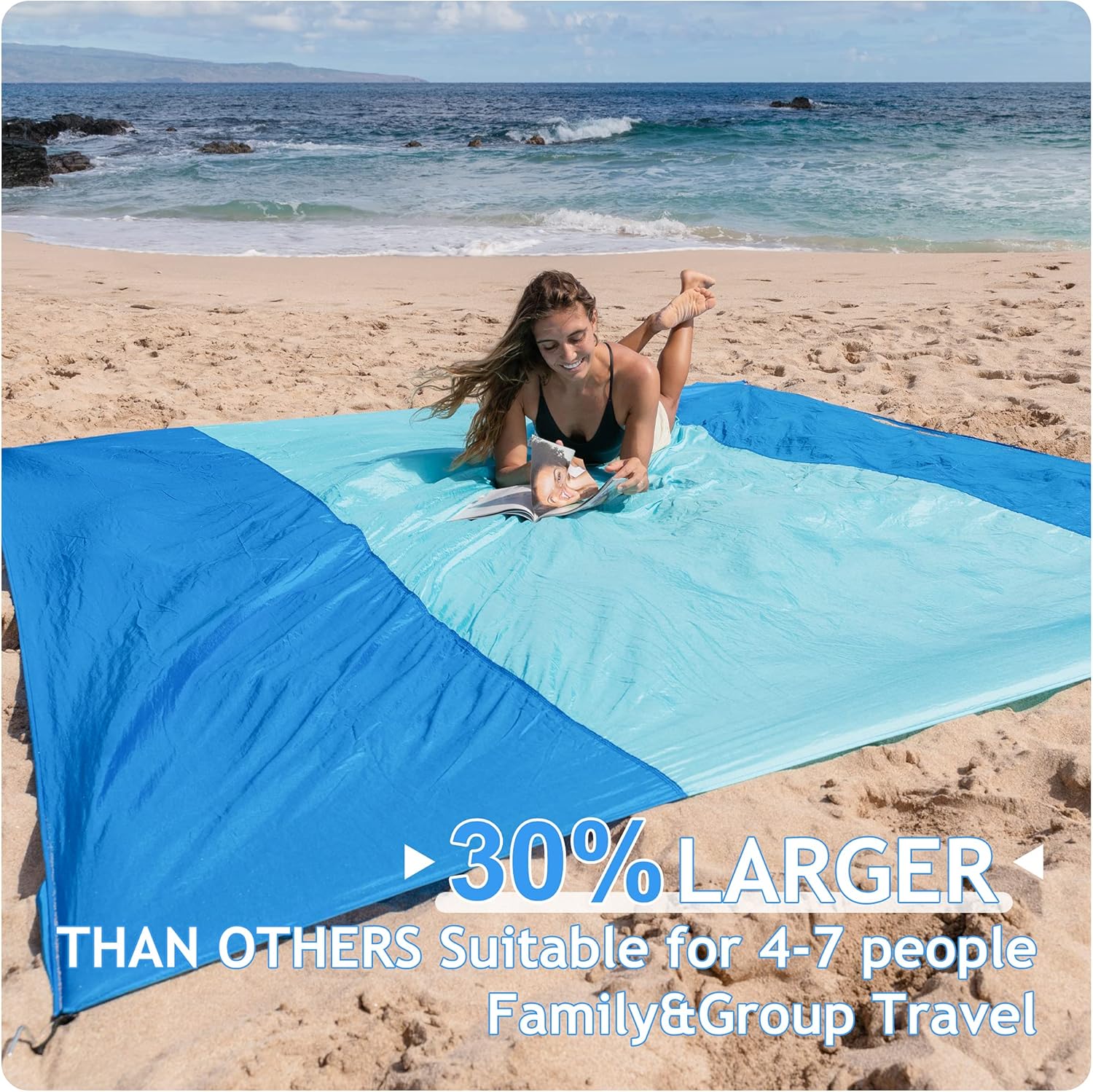 ORSEN Beach Blanket Oversized Sand Free Beach Mat (10’x9′, Aqua blue2
