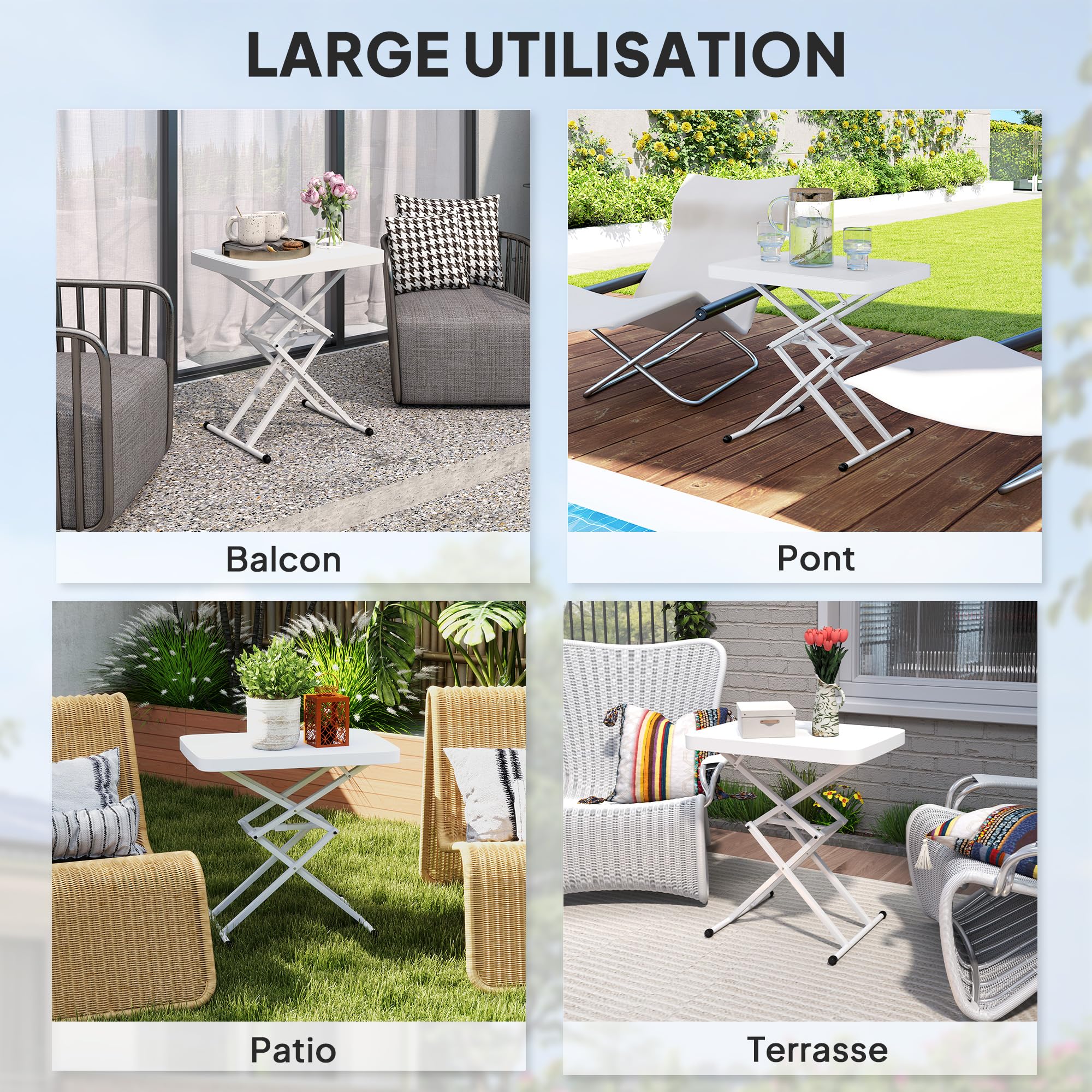Outsunny Table d'appoint de Jardin Pliable en HDPE, Table Pliante extérieur avec Hauteur réglable sur 5 Niveaux, pour patios et Jardins, 65 x 45 x 70 cm, Blanc