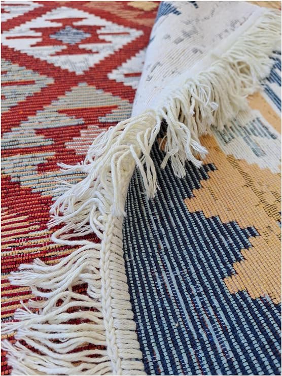 Etnik Desen Kilim, 120 * 180 cm, Çok Renkli, Çift Taraflı, Makinede Yıkanabilir, Düz Dokuma Lüks Pamuklu Kilim