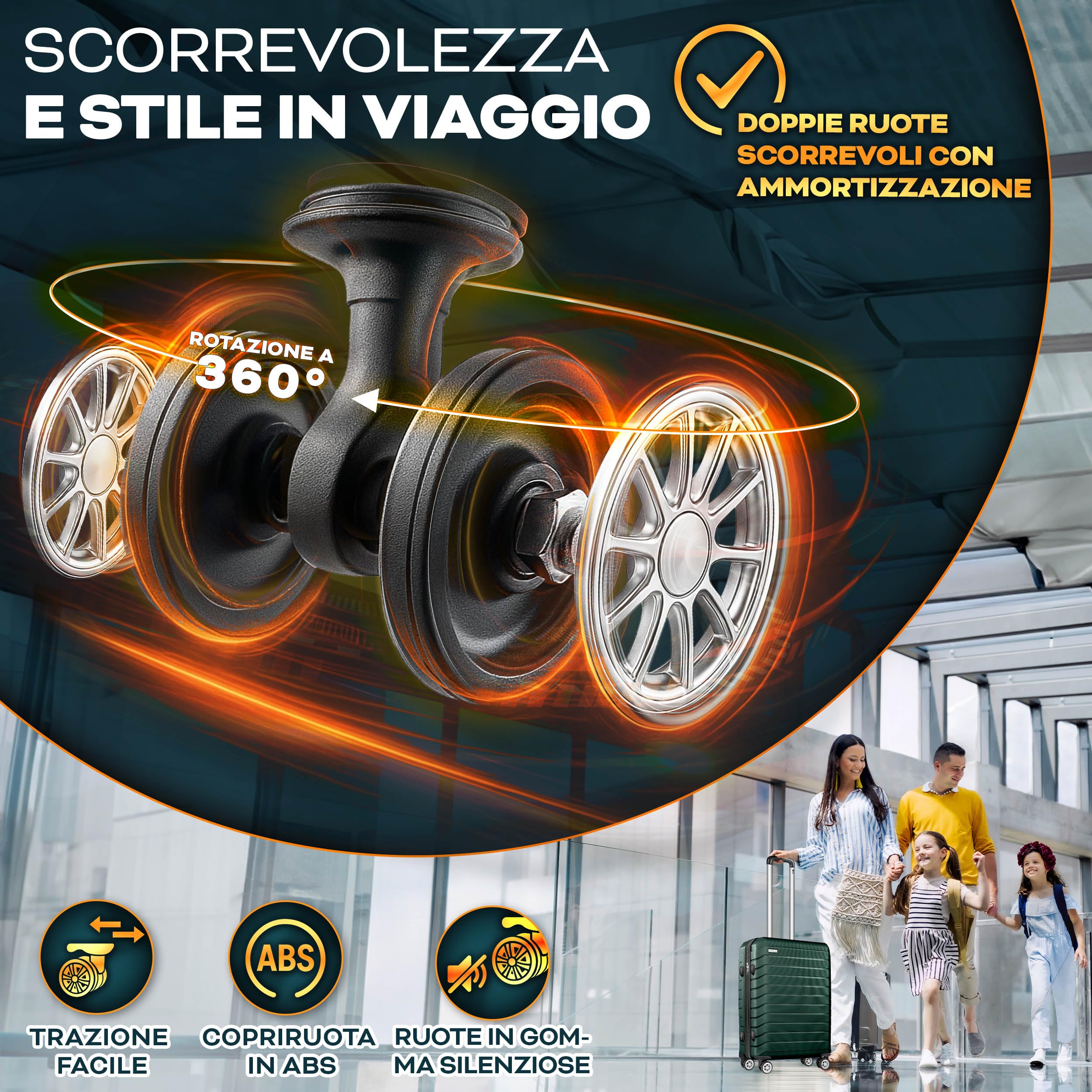 tillvex® Set di 3 valigie da viaggio + bilancia per bagagli, 3 cinghie per valigie e 3 etichette per bagagli, set da 4 ruote, trolley valigia TSA, serratura rigida M-L-XL, verde militare
