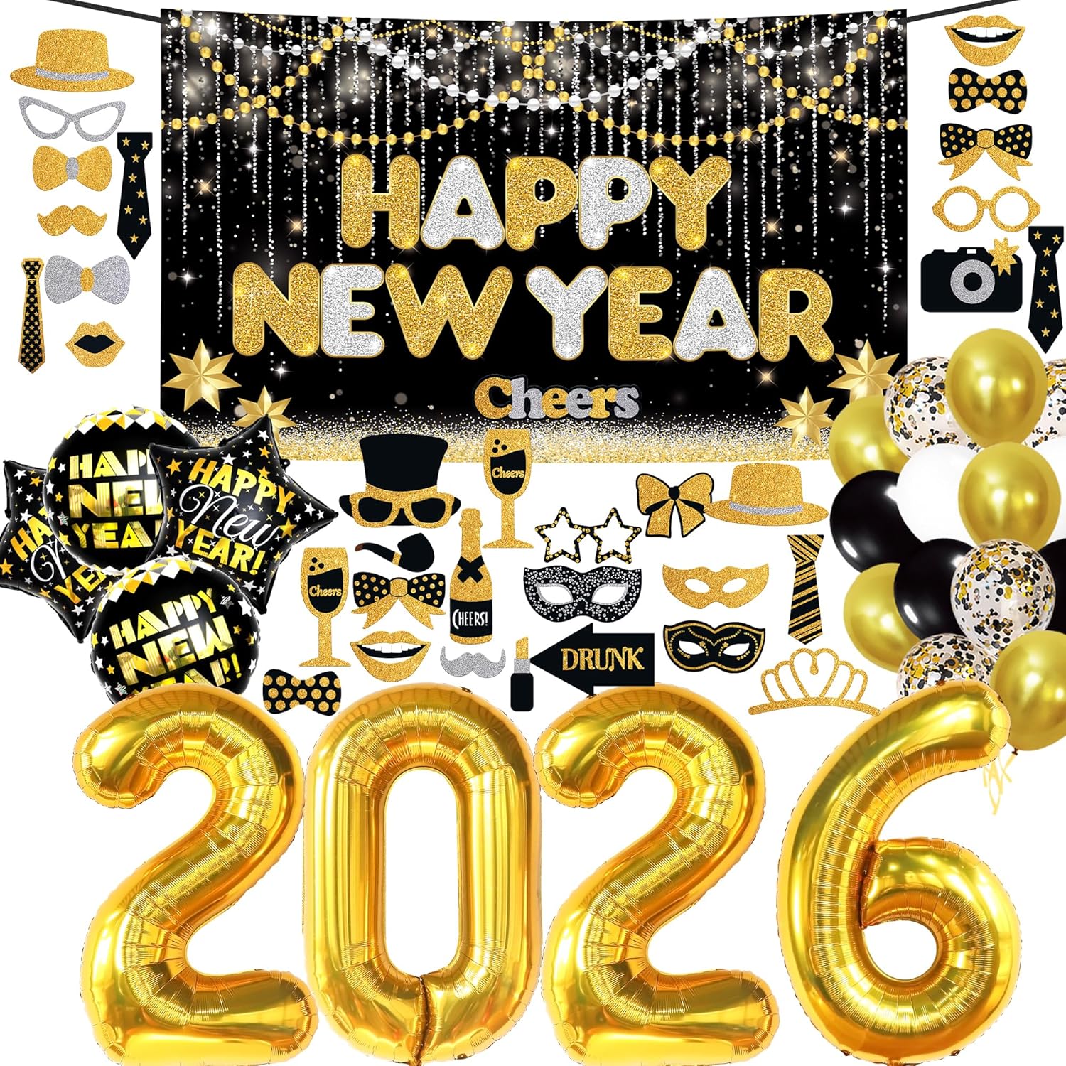 KatchOn, Pack of 79, Huge New Years Decorations 2026 | Happy New Year 2026 with New Years Photo Booth Props 2026 NYE Party Supplies 2026 NYE 2026 Glasses | New Year Eve Photo Booth Props 2026