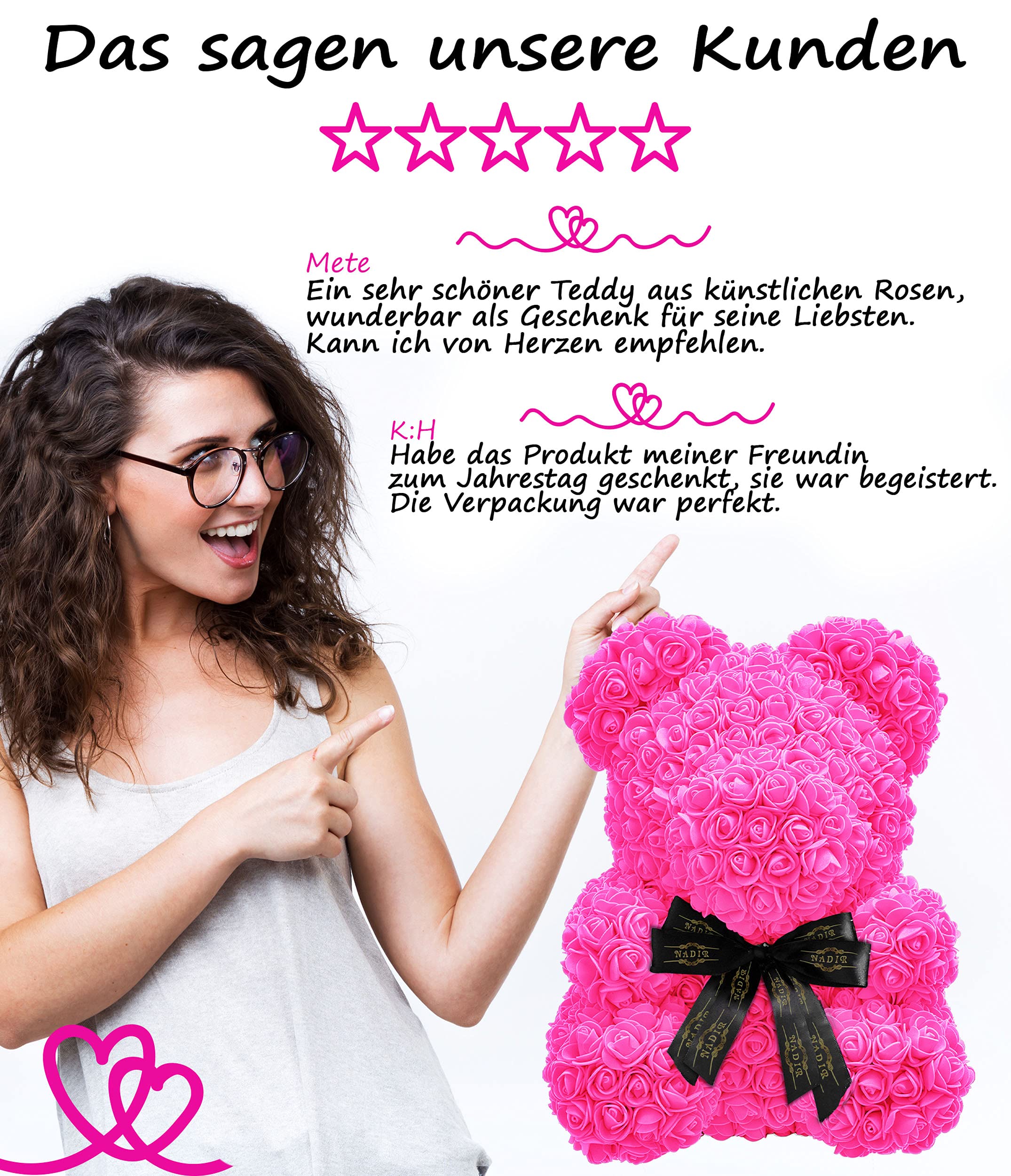 NADIR 25 cm 40 cm 70 cm Flower Bear Rose Bear with Bow / Includes Pre-Packaged Gift Box / Valentine's Day Mother's Day Anniversary Infinity Rose Bear Made of Roses Teddy Bear