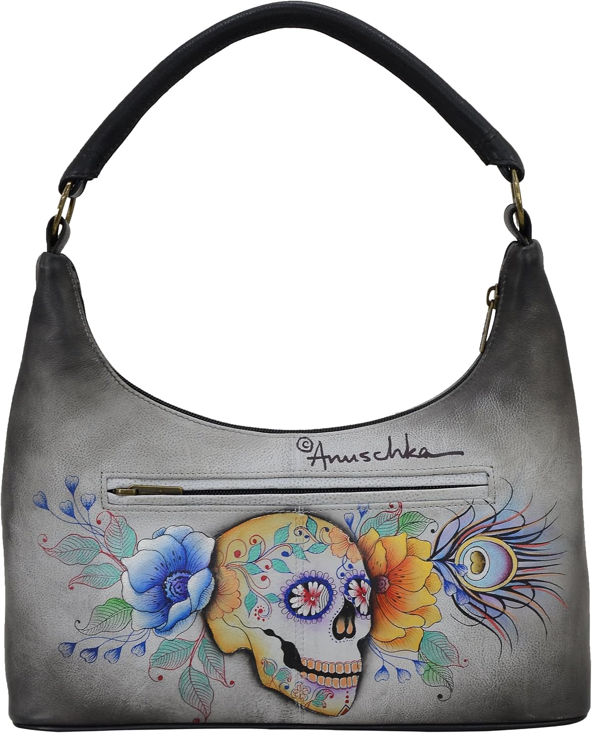Anuschka Hand Painted Women’s Genuine Leather Medium Zip Top Hobo - Top Zip Entry, Zippered Pockets & Short Rope Handle